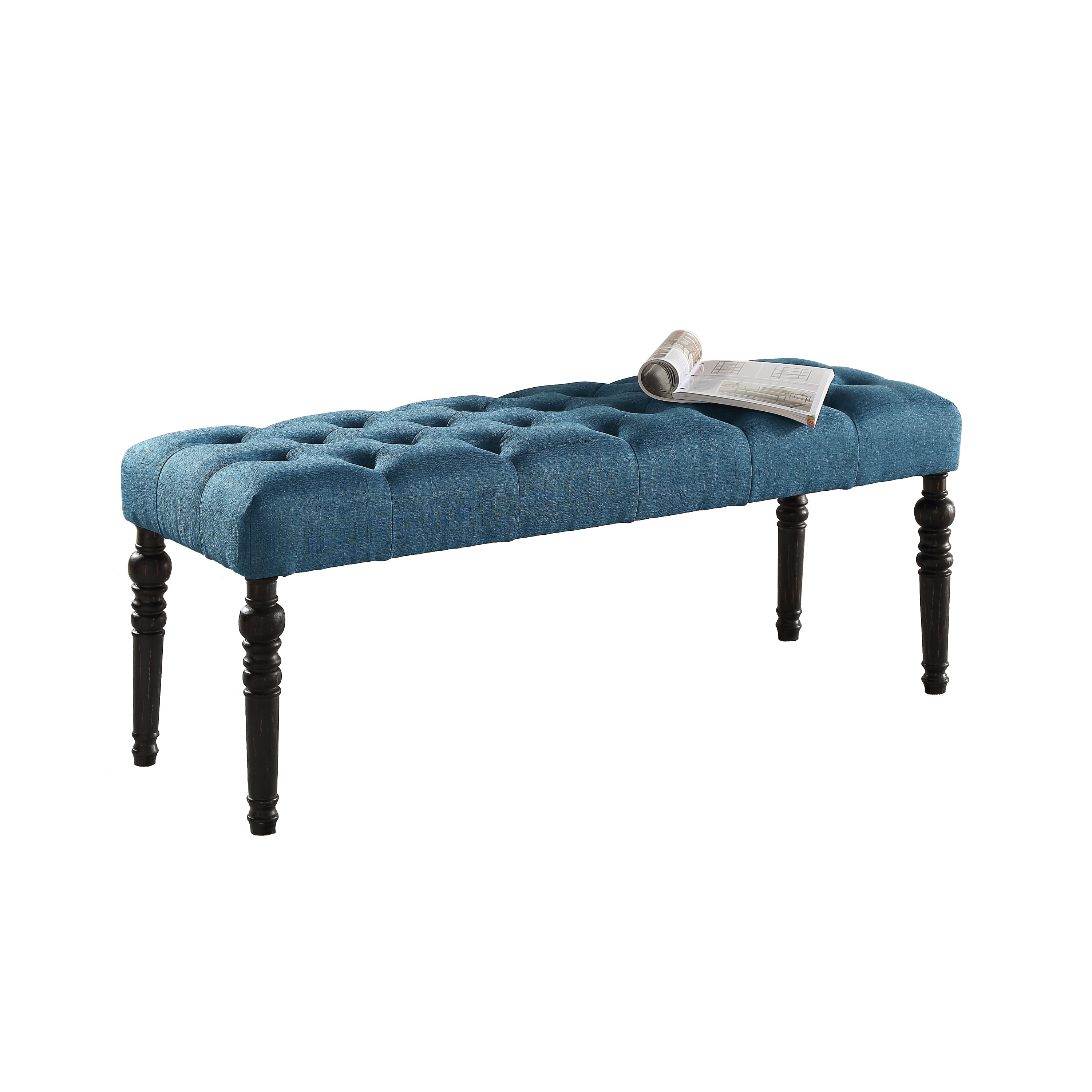 Leviton Fabric Tufted Turned Leg  Dining Bench, Blue - Grand Goldman Shop