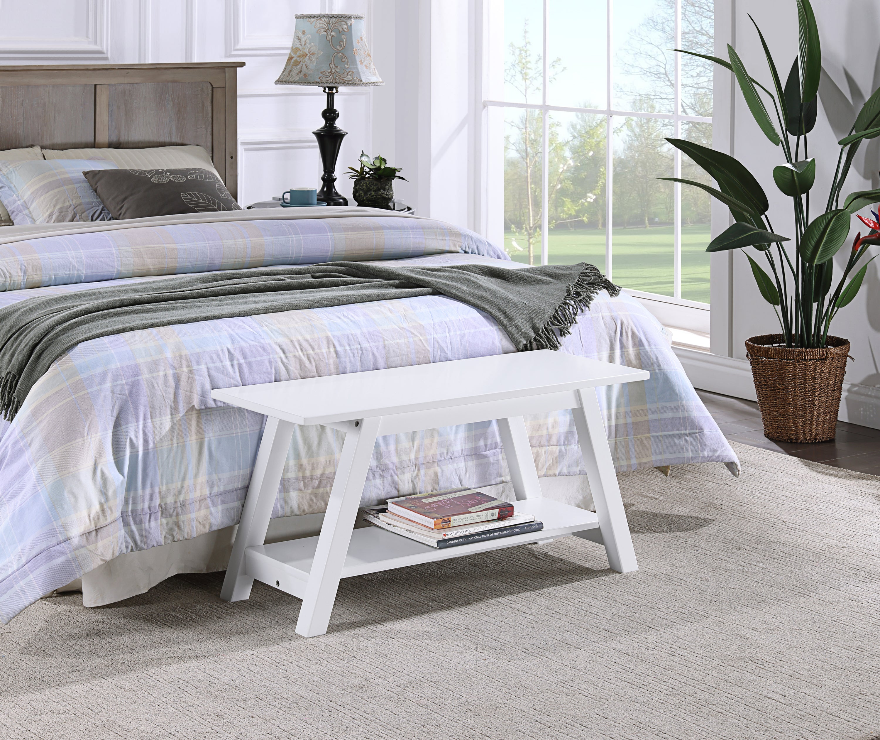 Elyz Solid Wood Bench with Shelf, 36.10-Inch Long, White - Grand Goldman Shop
