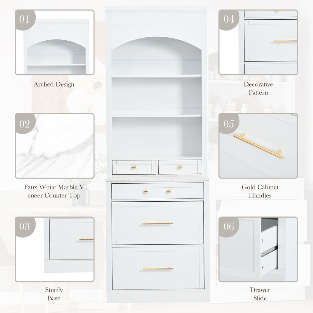 [Assembly Video Provided] TOPMAX Modern 83.7inch High Kitchen Pantry, Freestanding Tall Kitchen Hutch with Faux Marble Top,Cupboard Cabinet with 5 Storage Drawers and Adjustable Shelf, Set of 2, White - Grand Goldman Shop