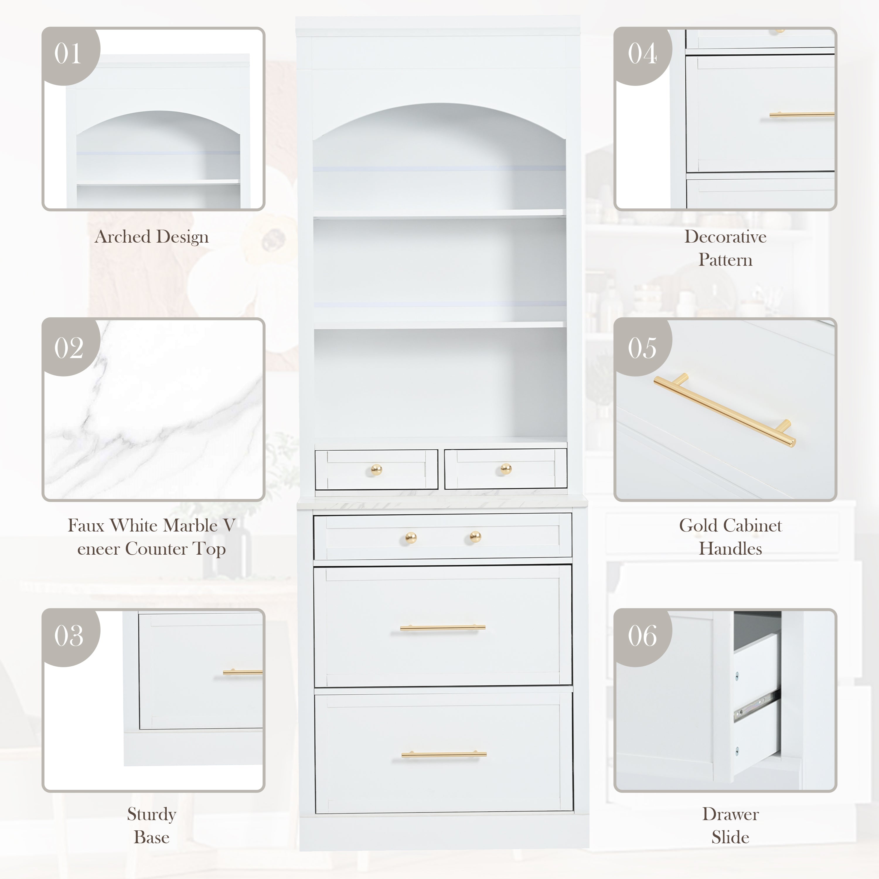 [Assembly Video Provided] TOPMAX Modern 83.7inch High Kitchen Pantry, Freestanding Tall Kitchen Hutch with Faux Marble Top,Cupboard Cabinet with 5 Storage Drawers and Adjustable Shelf, Set of 2, White - Grand Goldman Shop