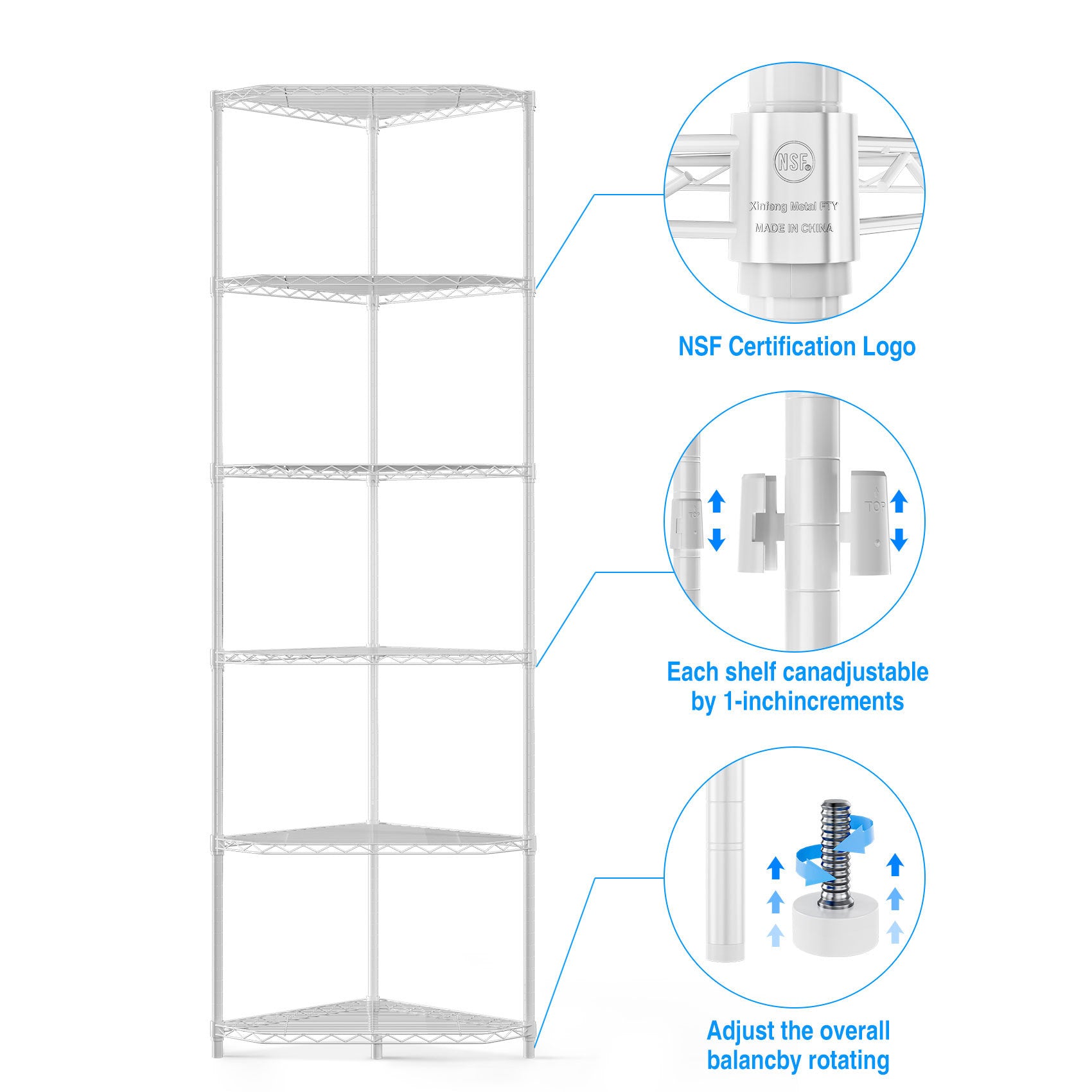 6 Tier Shelf Corner Wire Shelf Rack Pentagonal Shelves Adjustable Metal Heavy Duty Free Standing Corner Storage Display Chrome Rack for Bathroom, Living Room, Kitchen - White - Grand Goldman Shop
