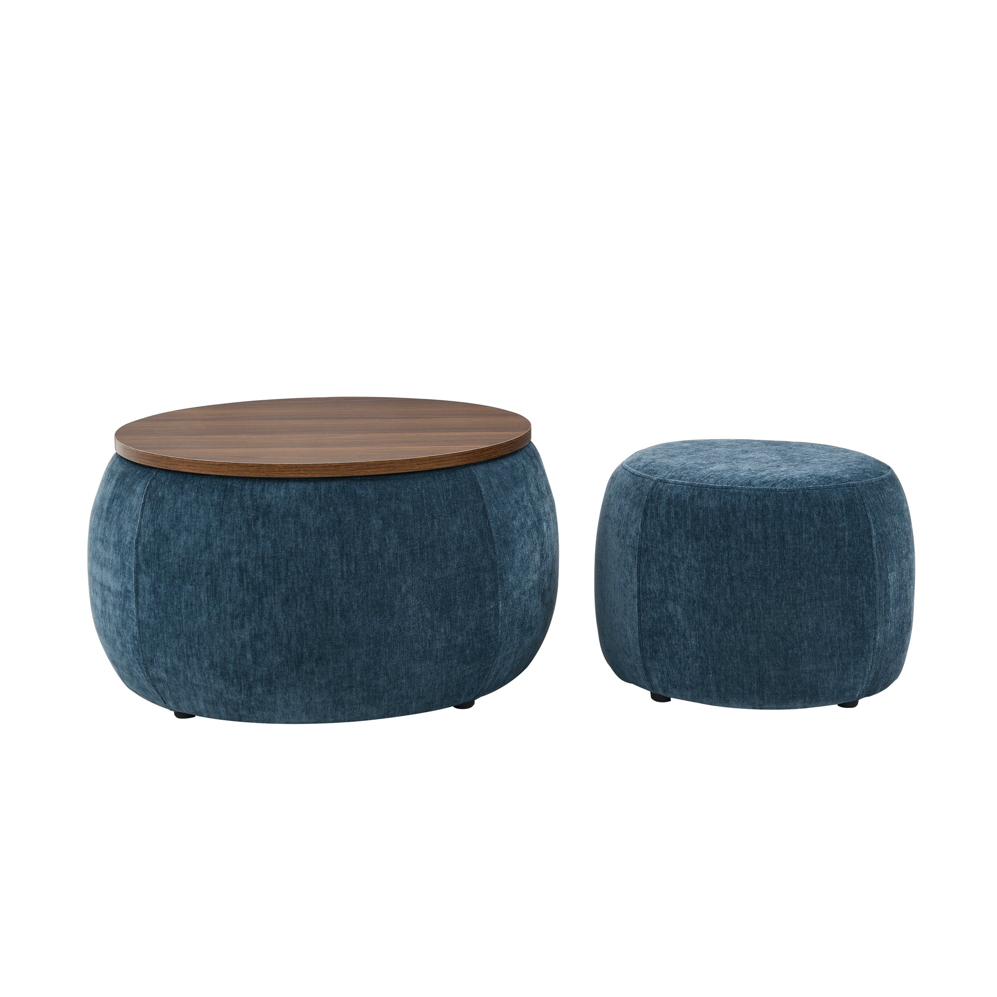 Dark Blue Round Storage Ottoman with 2 in 1 Function as End Table and Ottoman, Eucalyptus Wood and Foam, 25'x25'x14.7' - Grand Goldman Shop