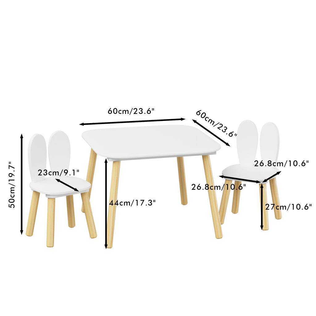 Rabbit Themed Kids Table and 2 Chairs Set, White Solid Wood & MDF Play Table with Rounded Edges, 3-Piece Toddler Furniture fo