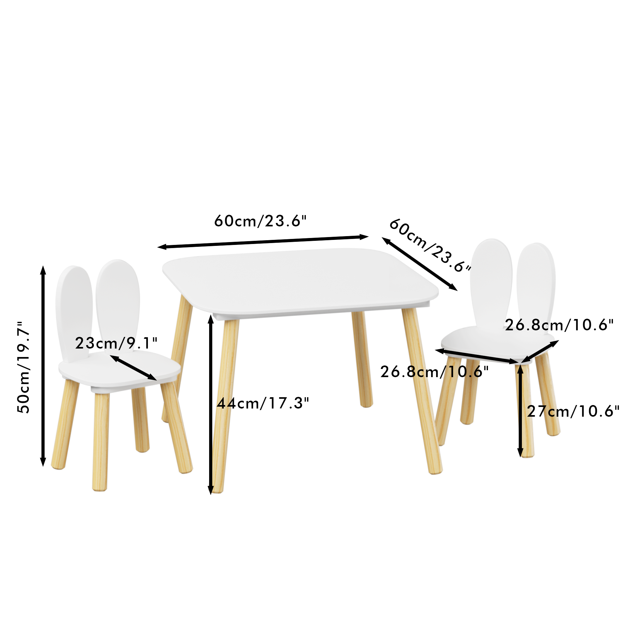 Rabbit Themed Kids Table and 2 Chairs Set, White Solid Wood & MDF Play Table with Rounded Edges, 3-Piece Toddler Furniture fo