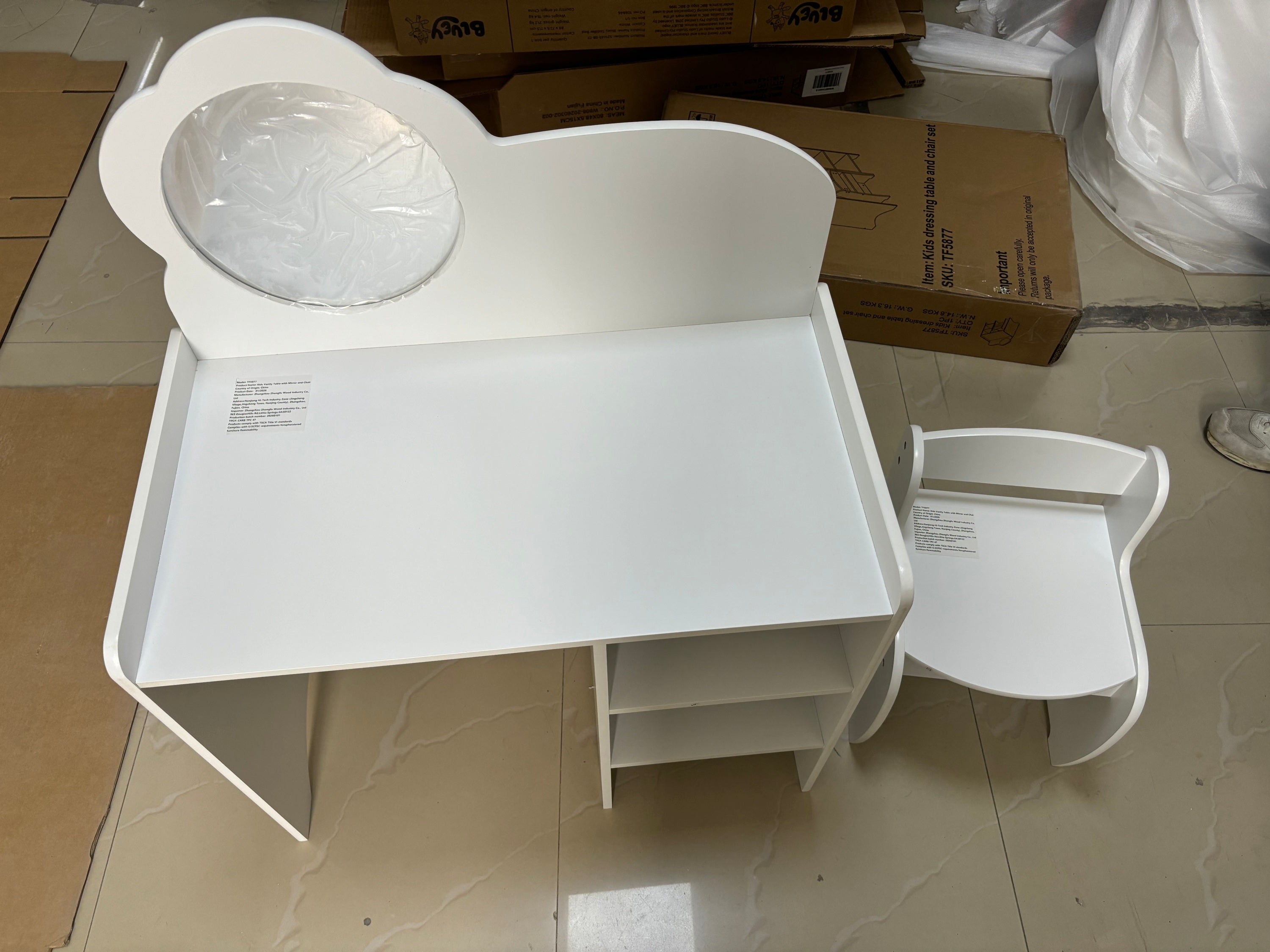 Kids Vanity Table with Mirror and Chair, Wooden Children's Dressing Makeup Desk with Storage Shelves, Study and Activity Tabl