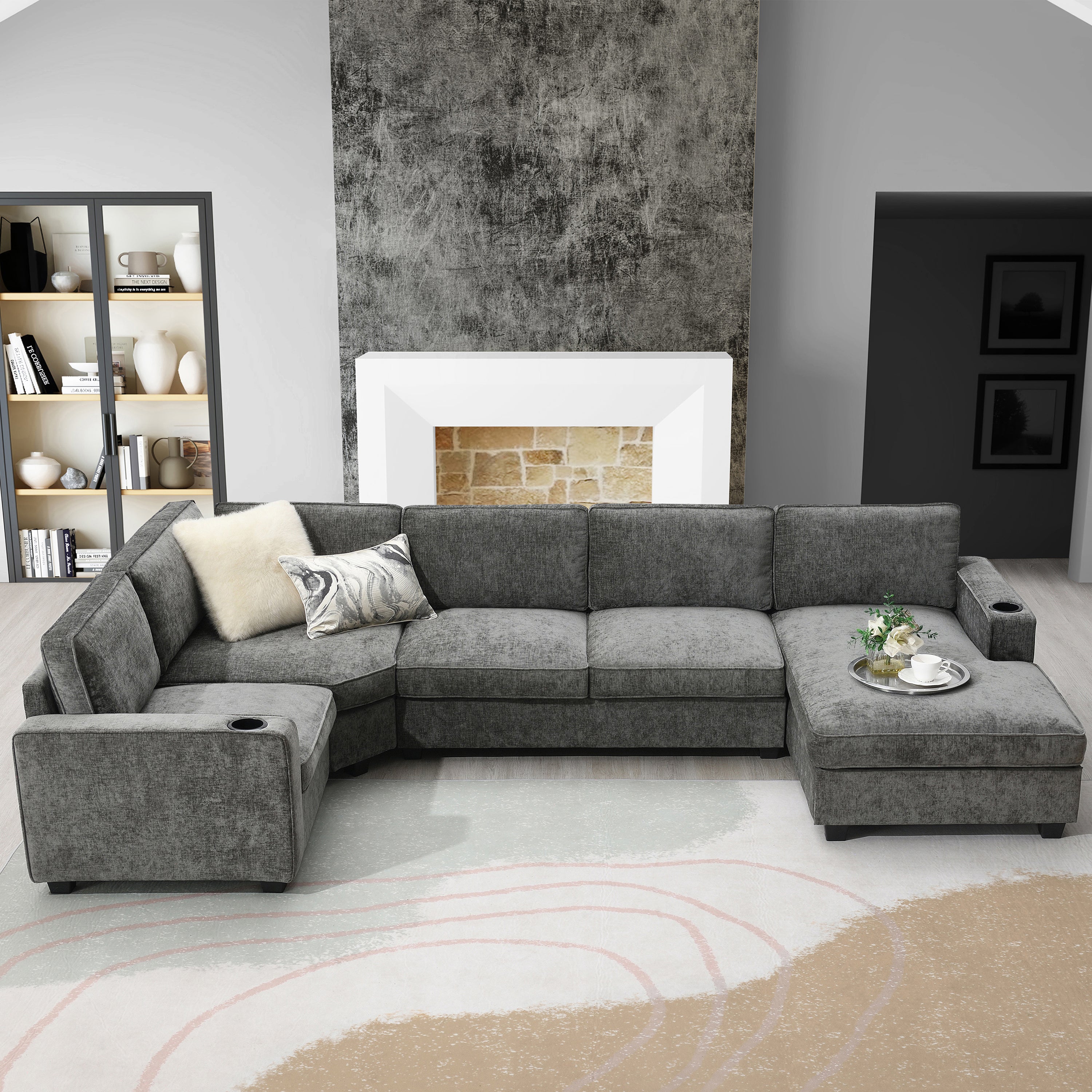 [VIDEO]119' U-Shaped Sectional Sofa, 6 Seat Chenille Corner Couch Set with Cup Holders, Oversized Chaise Lounge, Irregular Corner, Deep and Wide Seat, Comfy Sofa for Living Room&Apartment, 2 Colors - Grand Goldman Shop