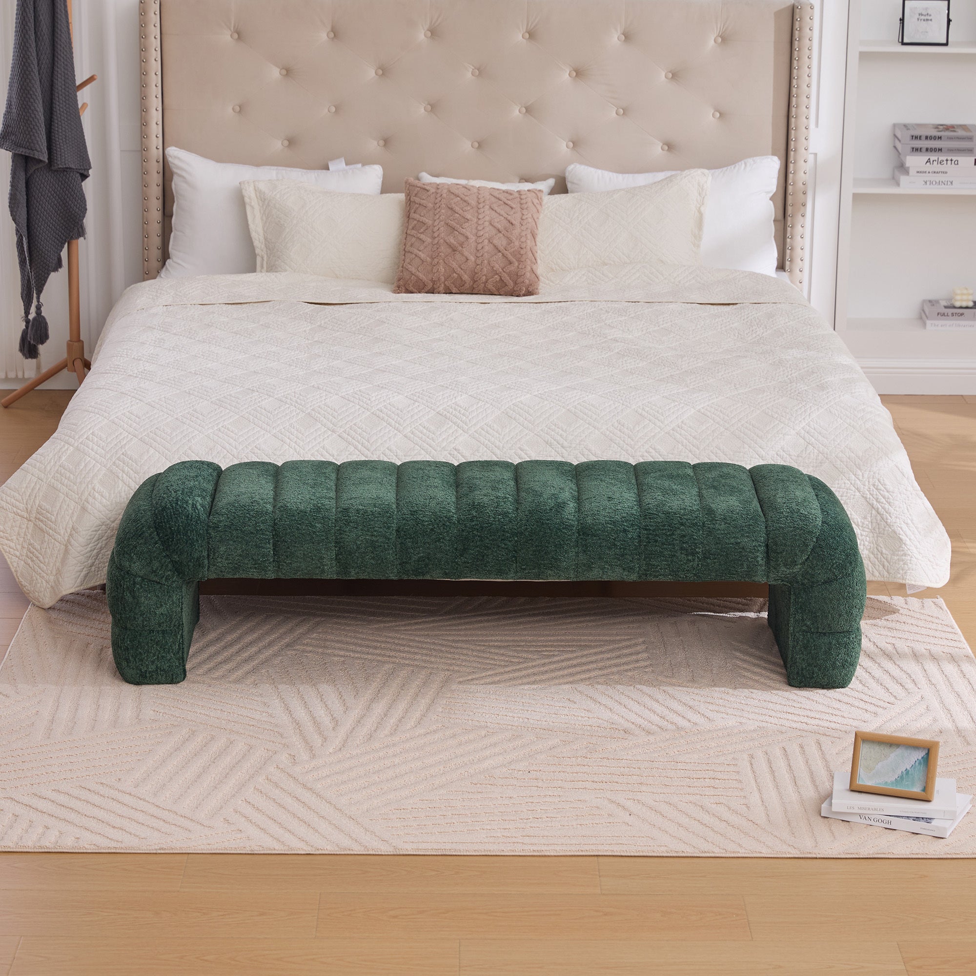 Modern Upholstered Armless Bed Bench with Channel Tufting in Green Chenille, 69.7' Wide - Grand Goldman Shop