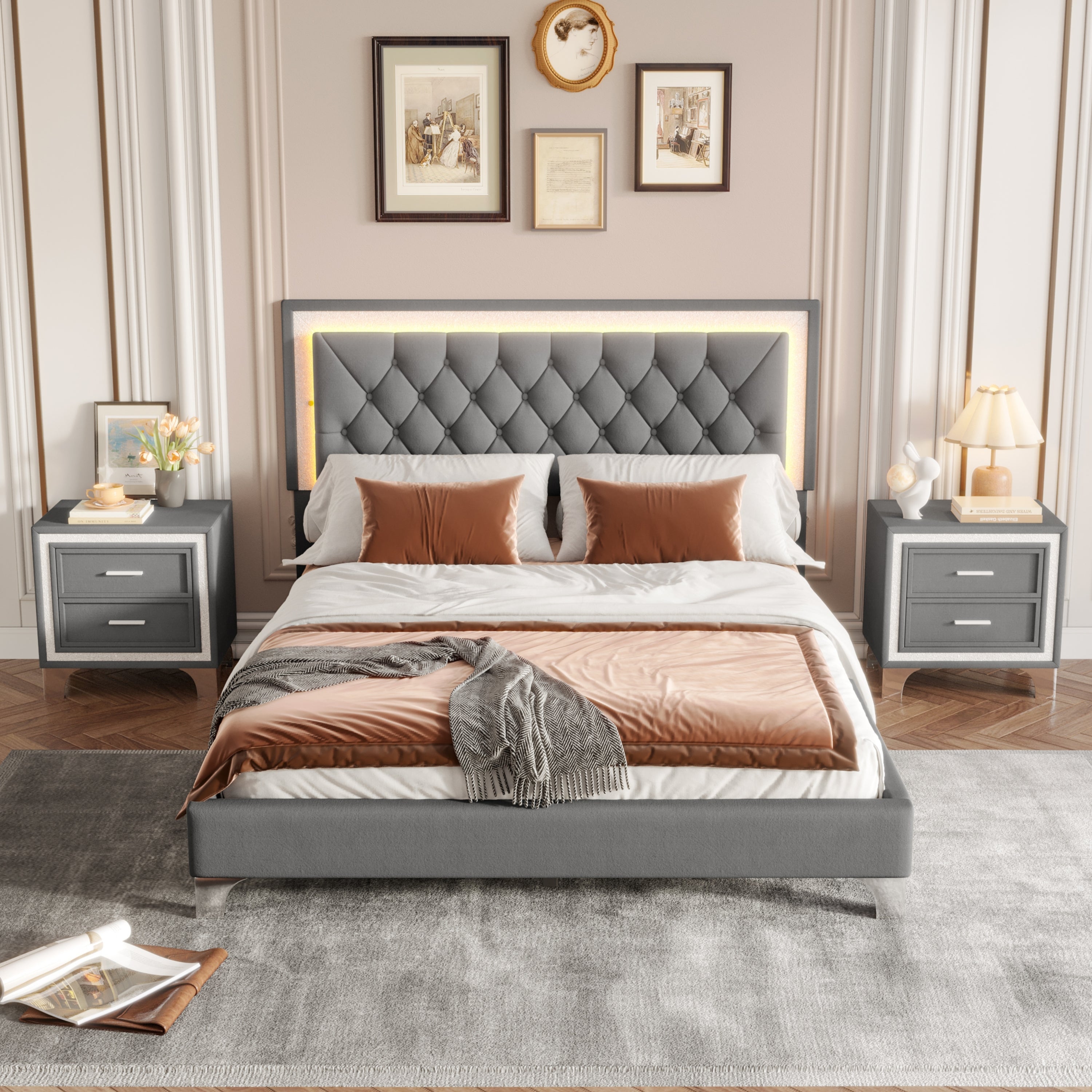 3-Pieces Bedroom Sets,Queen Size Upholstered Platform Bed with LED Lights and Two Nightstands-Gray - Grand Goldman Shop