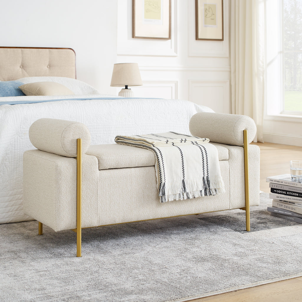 Elegant Upholstered Linen Storage Bench with Cylindrical Arms and Iron Legs, Beige - Grand Goldman Shop