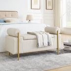 Elegant Upholstered Linen Storage Bench with Cylindrical Arms and Iron Legs, Beige - Grand Goldman Shop