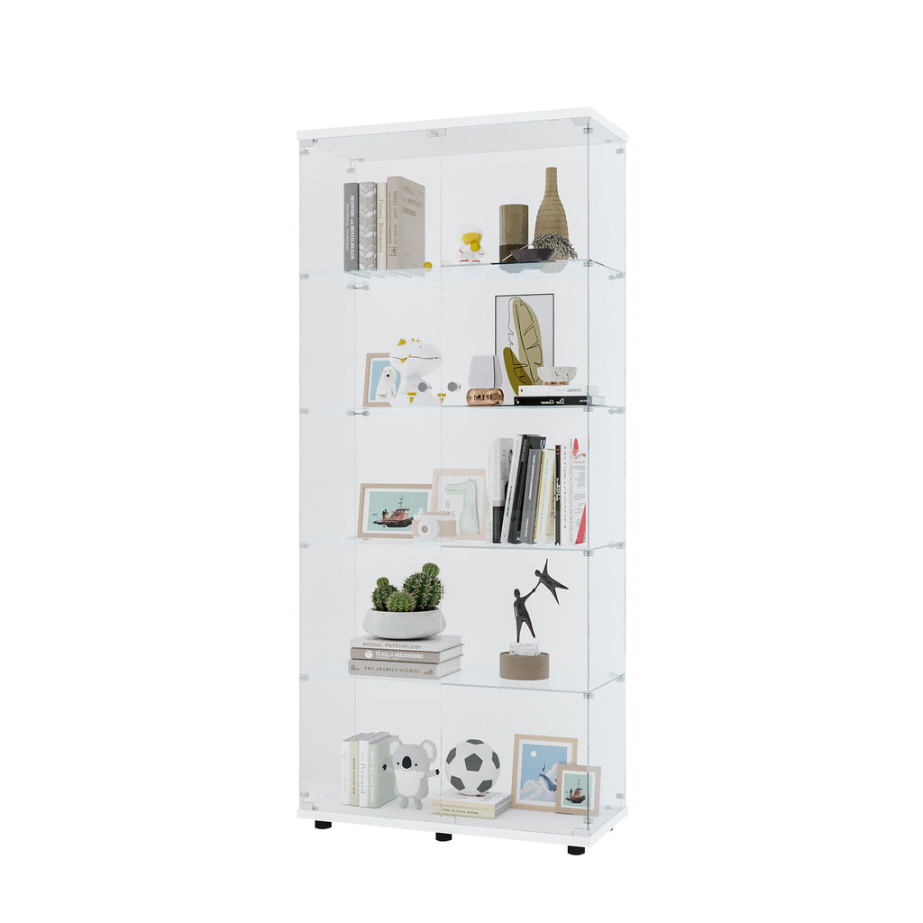 Glass Display Cabinet with 5 Shelves Double Door, Curio Cabinets for Living Room, Bedroom, Office, White Floor Standing Glass