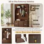 ON-TREND Farmhouse All-in-One Hall Tree with Adjustable Shelves, Retro Arched Entryway Storage Bench with 3 Cabinets, Wooden Coat Rack Organizer with 4 Golden Hooks for Mudroom, Hallway, Walnut - Grand Goldman Shop