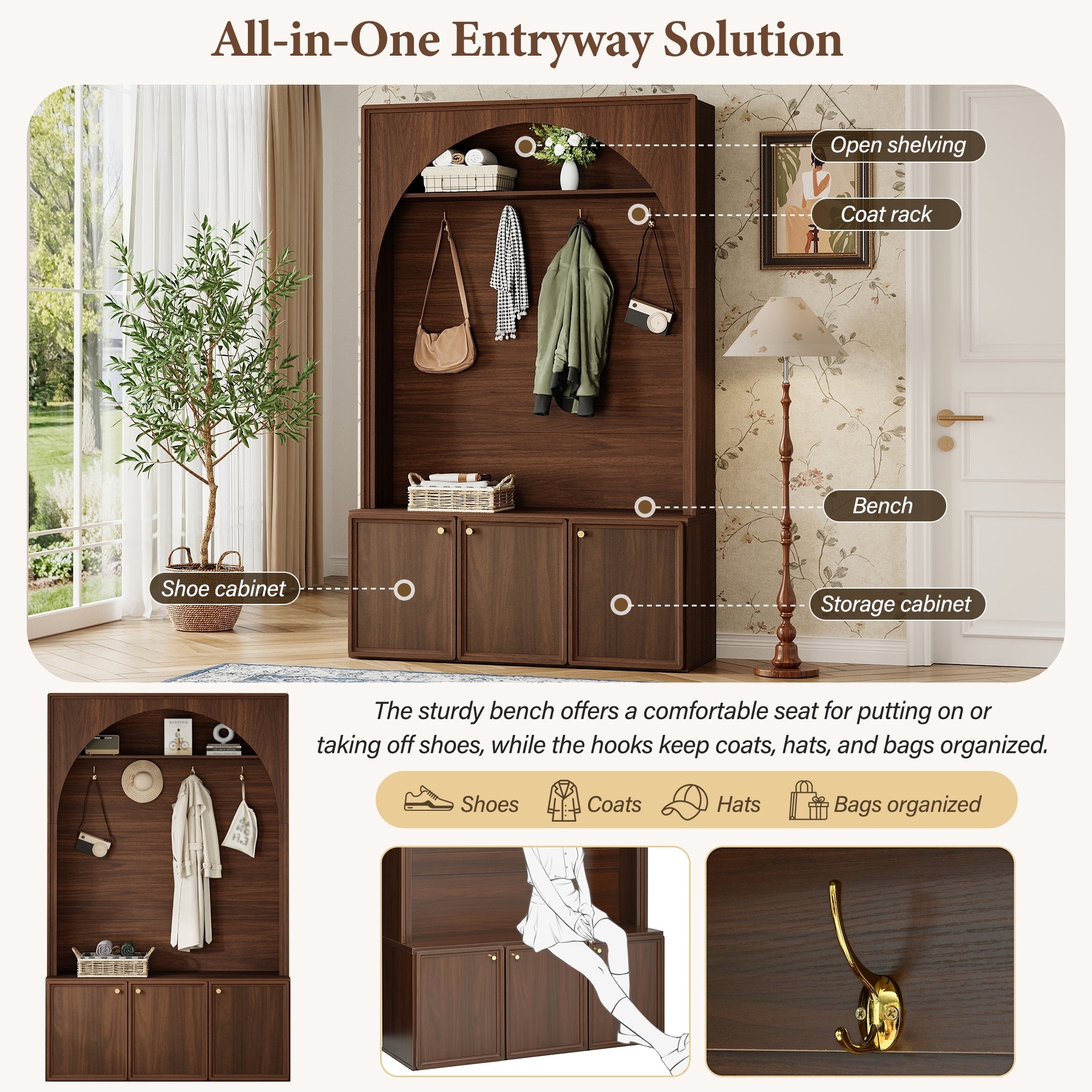 ON-TREND Farmhouse All-in-One Hall Tree with Adjustable Shelves, Retro Arched Entryway Storage Bench with 3 Cabinets, Wooden Coat Rack Organizer with 4 Golden Hooks for Mudroom, Hallway, Walnut - Grand Goldman Shop