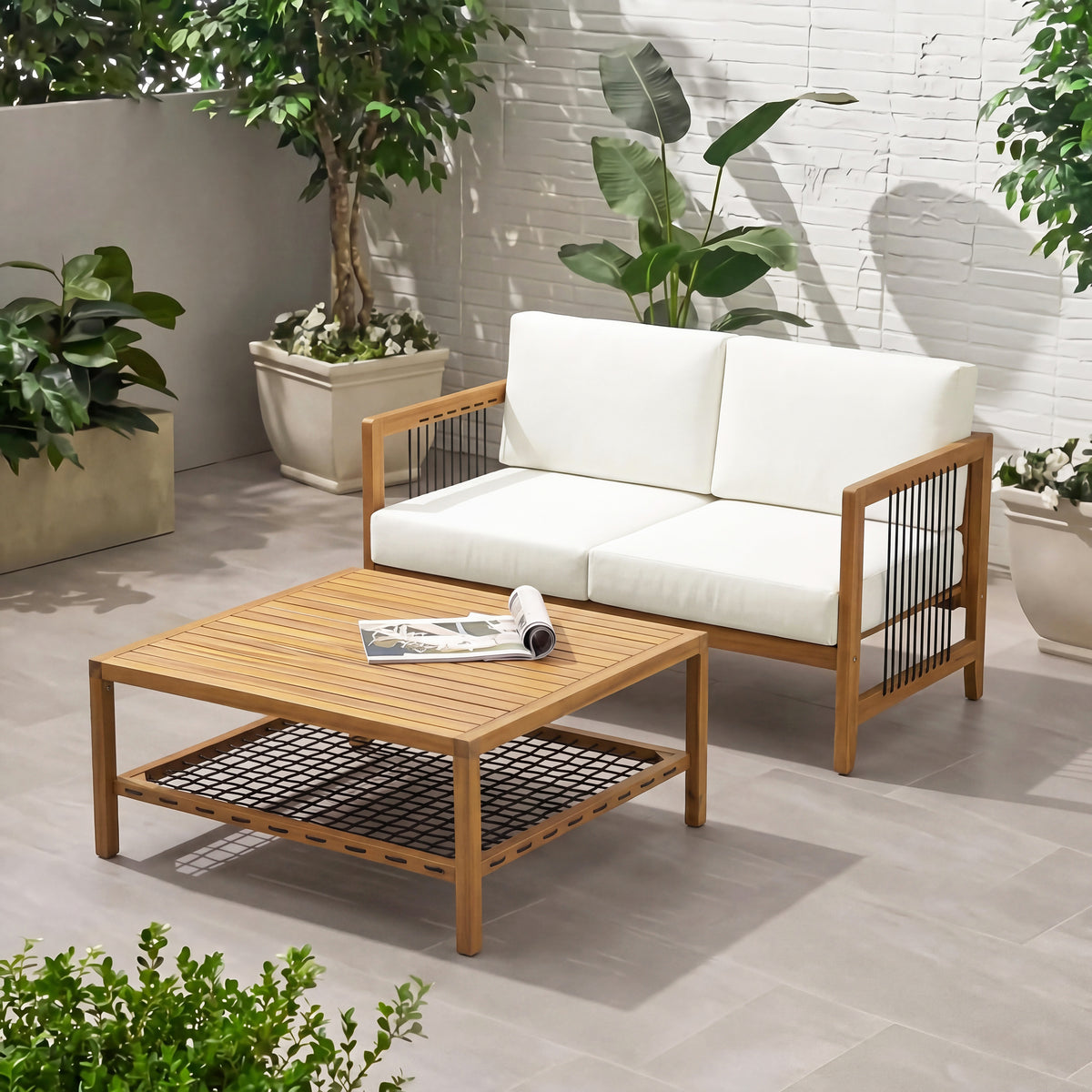 2-Piece Acacia Wood Outdoor Loveseat with Coffee Table with Handwoven Rope & Cushions for Backyard, Balcony, Garden
