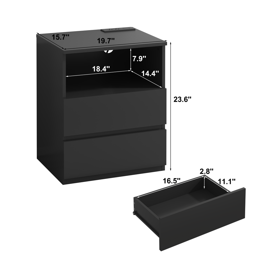 (Set of 2)End Table with Fast USB C Charging Station, Sofa Side Table with 2 Drawers, Large Storage Modern Wood Storage Cabinet for Living Room,Bedroom,Office, Black - Grand Goldman Shop