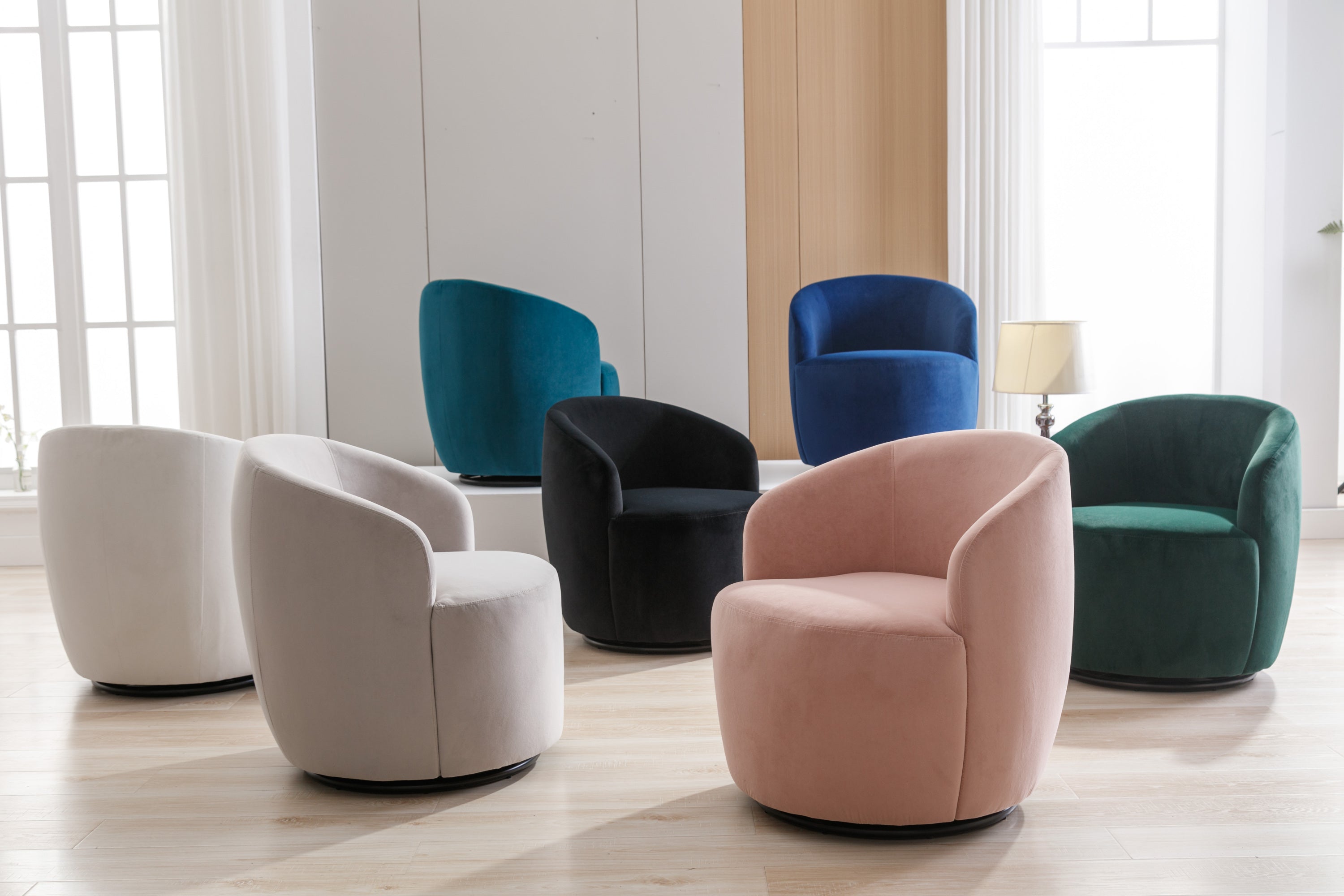 Velvet Fabric Swivel Accent Armchair Barrel Chair With Black Powder Coating Metal Ring,White - Grand Goldman Shop