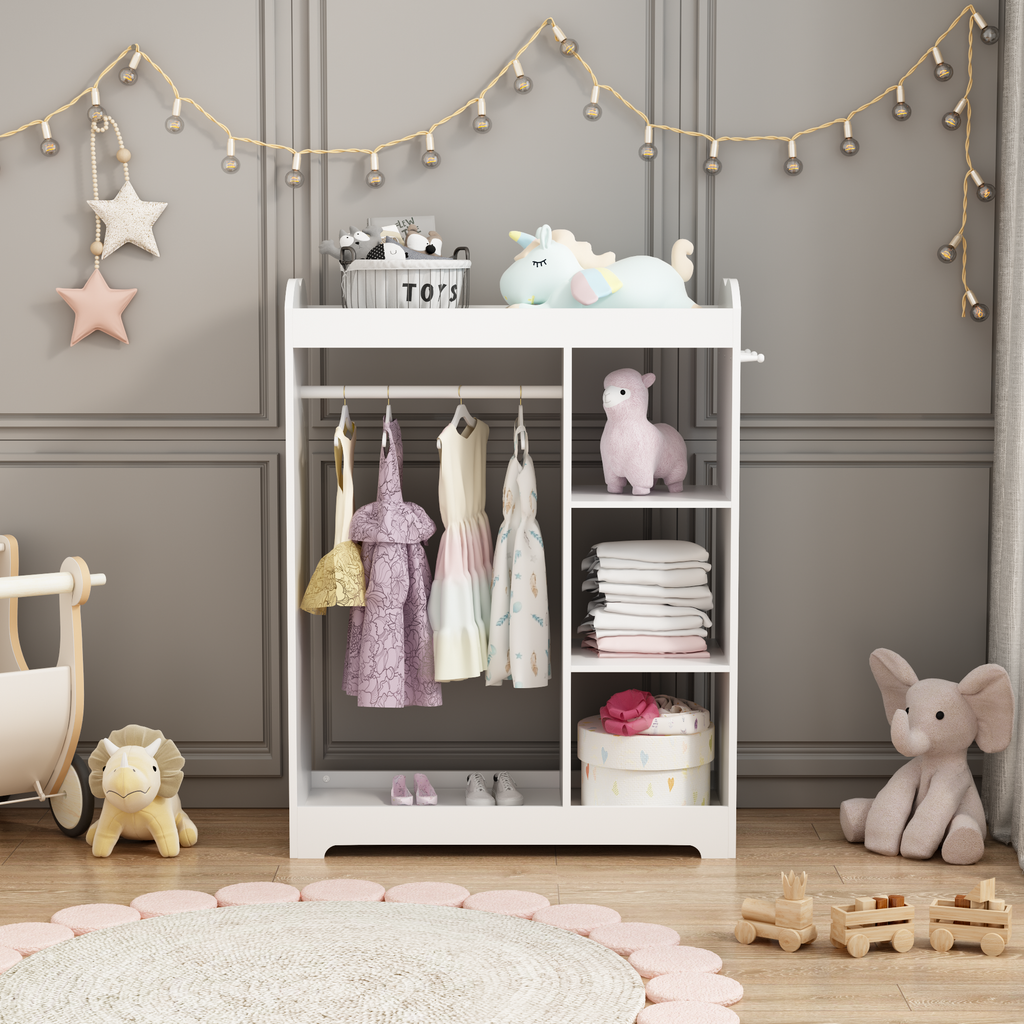 Kids Dress Up Storage with Mirror and Hooks, Wooden Dress Up Clothes Rack with Hanging Rod, 3 Side Hooks, Storage Shelves and