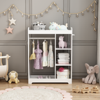 Kids Dress Up Storage with Mirror and Hooks, Wooden Dress Up Clothes Rack with Hanging Rod, 3 Side Hooks, Storage Shelves and