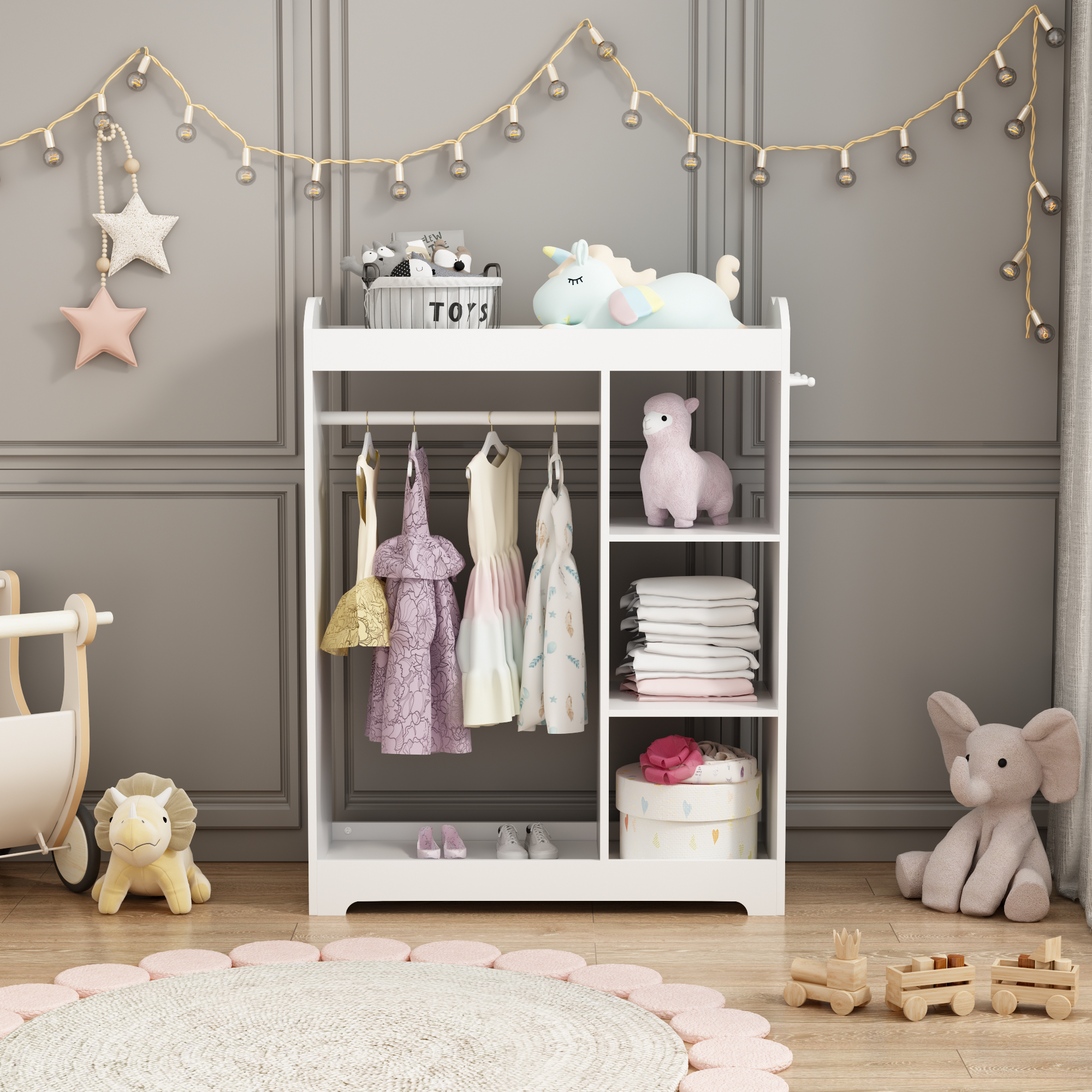 Kids Dress Up Storage with Mirror and Hooks, Wooden Dress Up Clothes Rack with Hanging Rod, 3 Side Hooks, Storage Shelves and