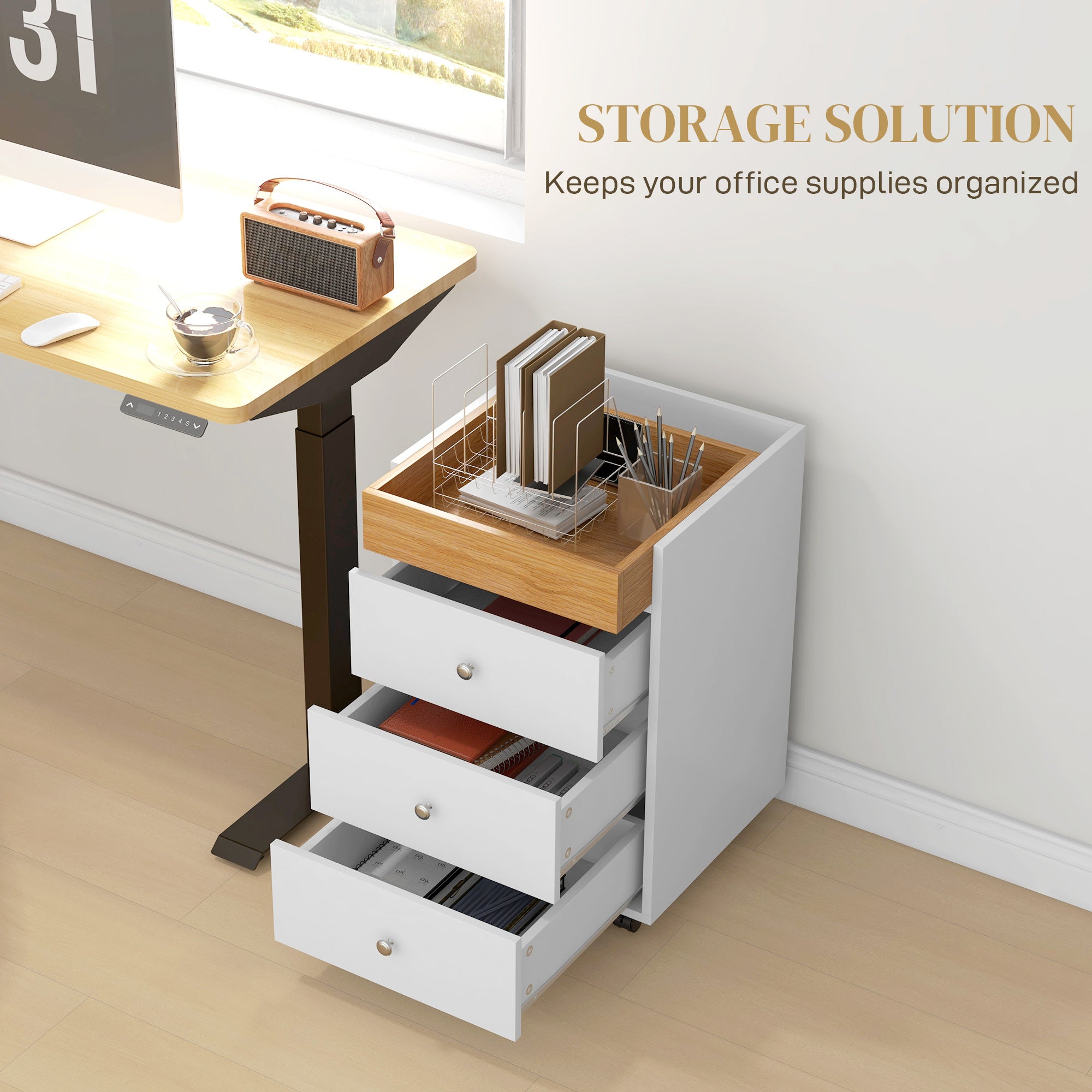 HOMCOM 3 Drawer Home Office Storage Cabinet, Office Drawer on Wheels with Removable Tray, Under Desk Printer Stand with Stora