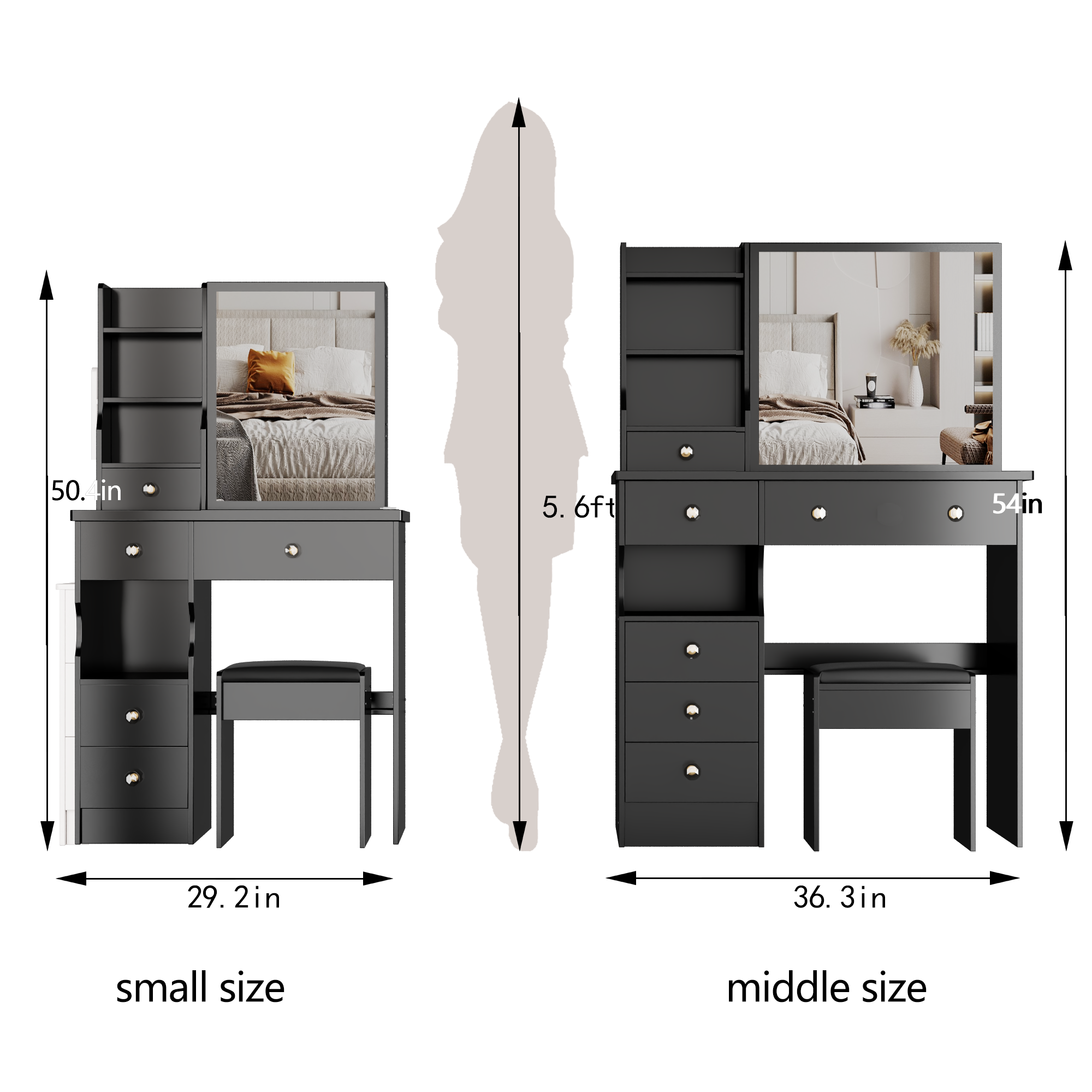 29.2' Small Space Left Drawer Desktop Vanity Table + Cushioned Stool, Extra Large Right sliding mirror, Multi Layer High Capacity Storage, Practical Fashionable Dresser, Suitable For Small Space - Grand Goldman Shop
