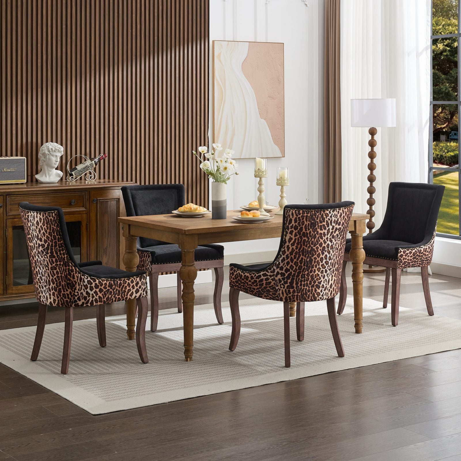 A&A Furniture,Ultra Side Dining Chair, Thickened fabric chairs with neutrally toned solid wood legs, Bronze nail head, Set of 2,Leopard Print - Grand Goldman Shop