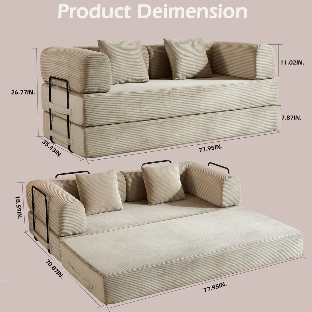 Convertible Sleeper Sofa Bed with Cylindrical Pillow, Corduroy Folding Mattress Couch with Fixed-Shape Frame, Floor Sofa Lounge Couch for Living Room Bedroom (Beige) - Grand Goldman Shop