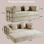 Convertible Sleeper Sofa Bed with Cylindrical Pillow, Corduroy Folding Mattress Couch with Fixed-Shape Frame, Floor Sofa Lounge Couch for Living Room Bedroom (Beige) - Grand Goldman Shop