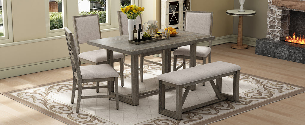 TREXM 6-Piece Retro Dining Table Set for 6, 60' Wood Kitchen Table and Chairs Set of 4 with Bench Designed Trestle Base for kitchen & Dining Room (Gray) - Grand Goldman Shop