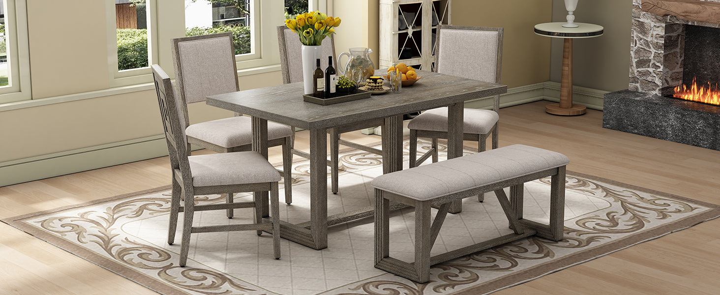 TREXM 6-Piece Retro Dining Table Set for 6, 60' Wood Kitchen Table and Chairs Set of 4 with Bench Designed Trestle Base for kitchen & Dining Room (Gray) - Grand Goldman Shop
