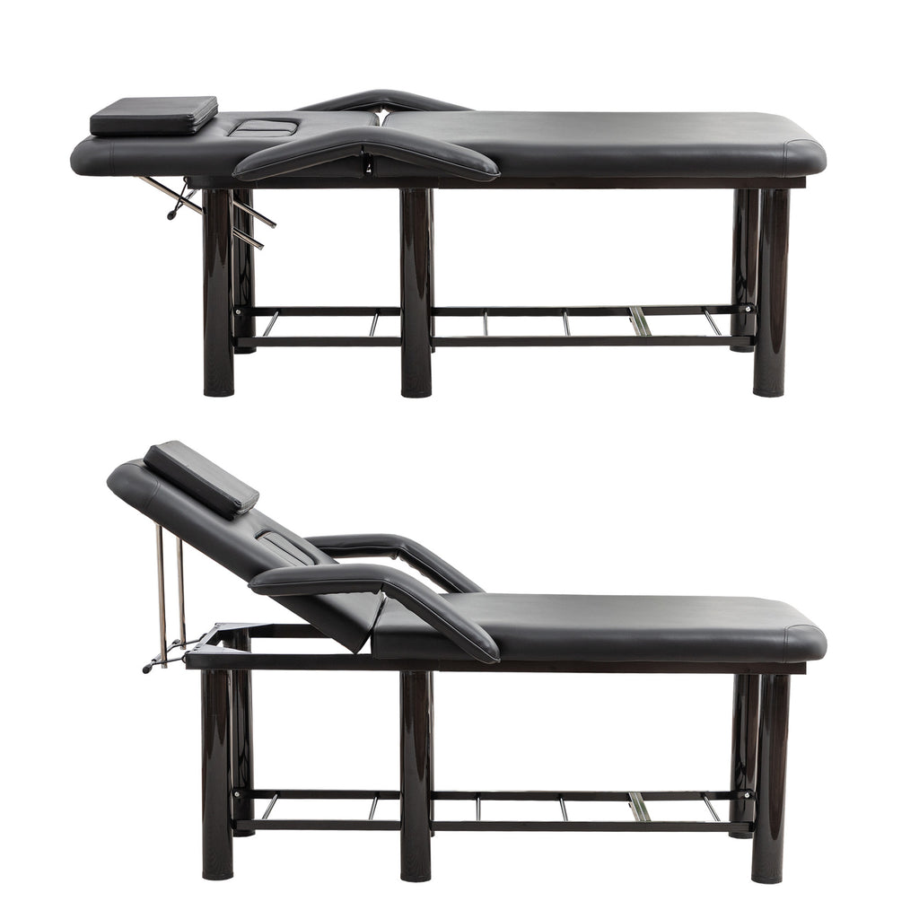 Professional Black Beauty Bed with Removable Headrest & Breast Cushions, Armrests and Storage Shelf for Massage, Facial, Tatt