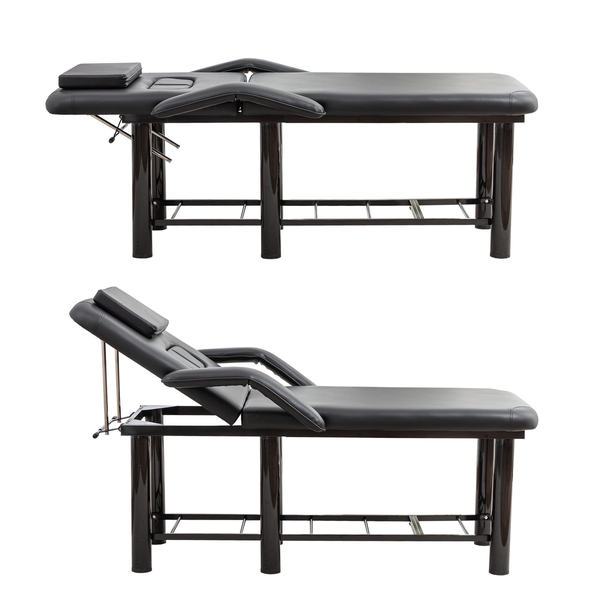 Professional Black Beauty Bed with Removable Headrest & Breast Cushions, Armrests and Storage Shelf for Massage, Facial, Tatt