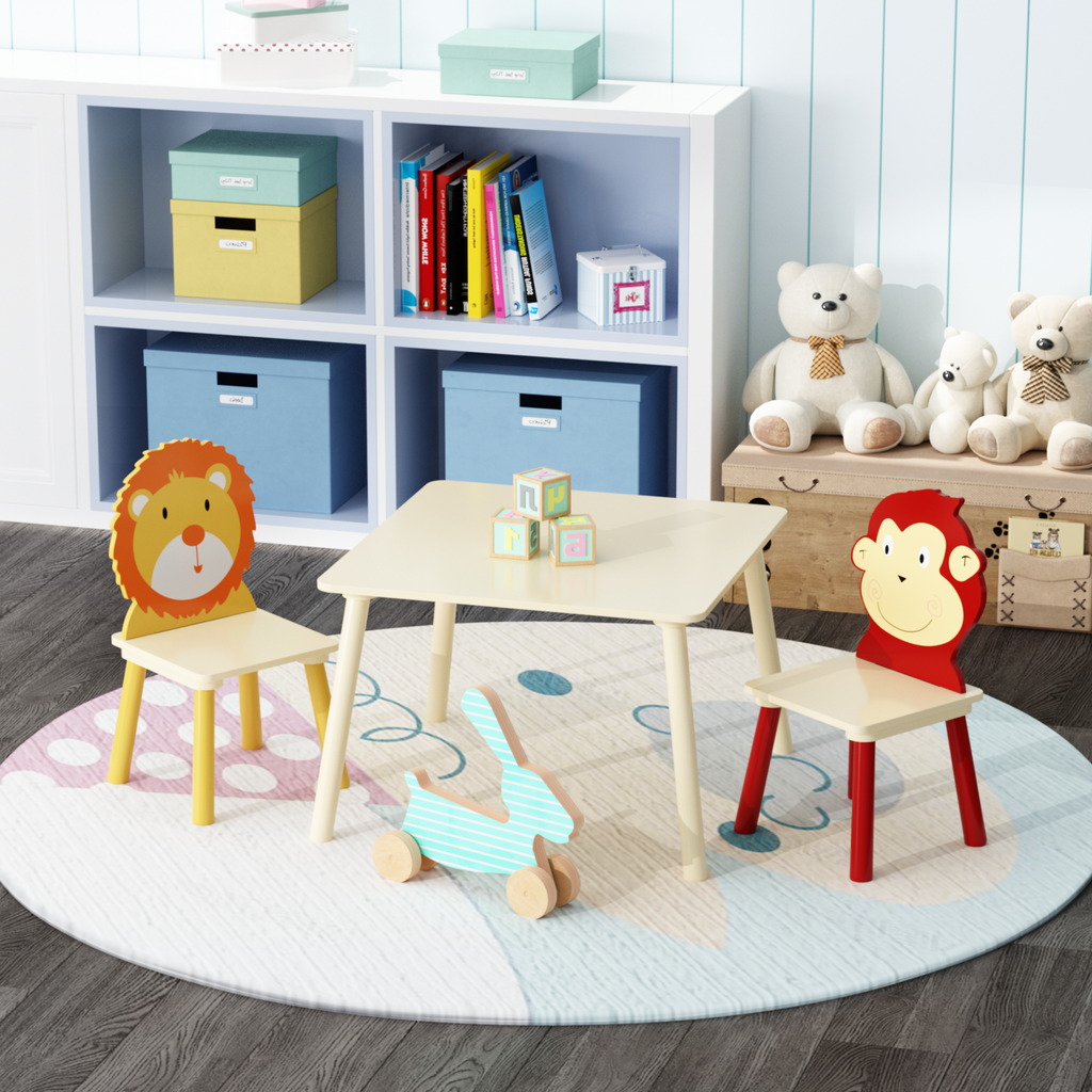 Lion & Monkey Wooden Activity Play Table Set for Kids, 3-Piece Toddler Table and Chair Set in Yellow & Red, Solid Wood & MDF,