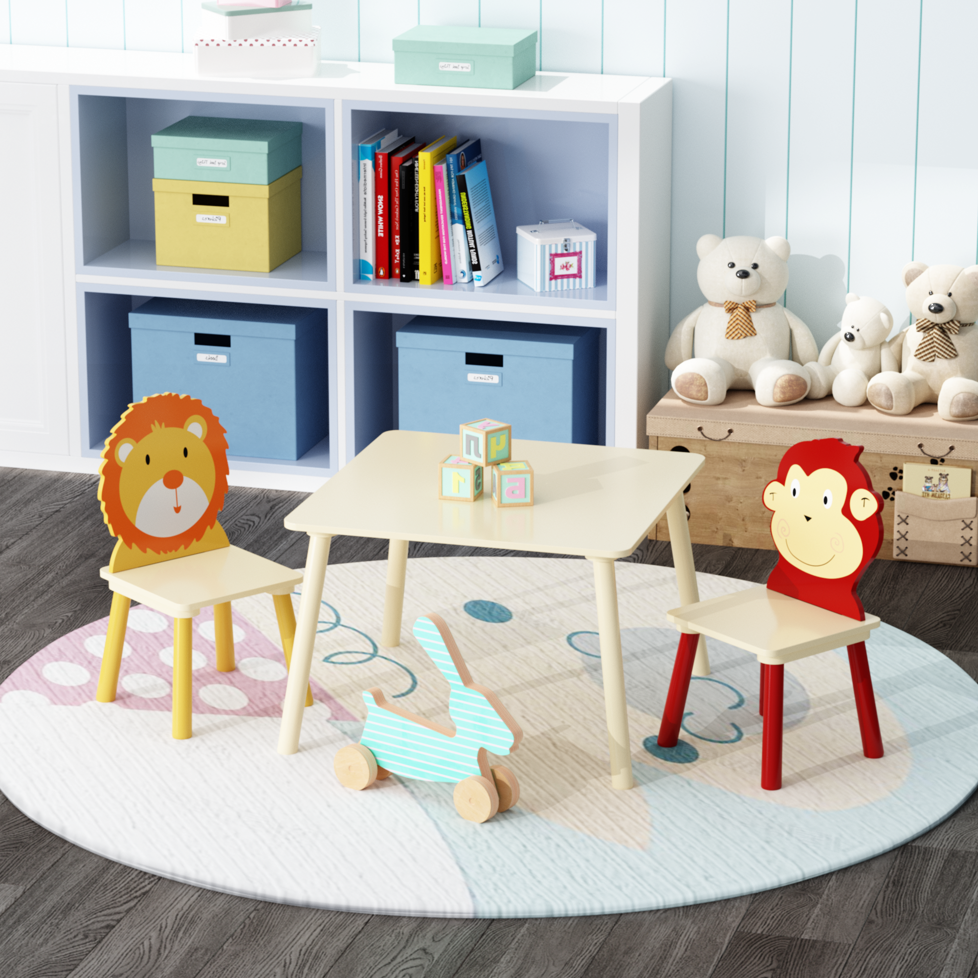 Lion & Monkey Wooden Activity Play Table Set for Kids, 3-Piece Toddler Table and Chair Set in Yellow & Red, Solid Wood & MDF,