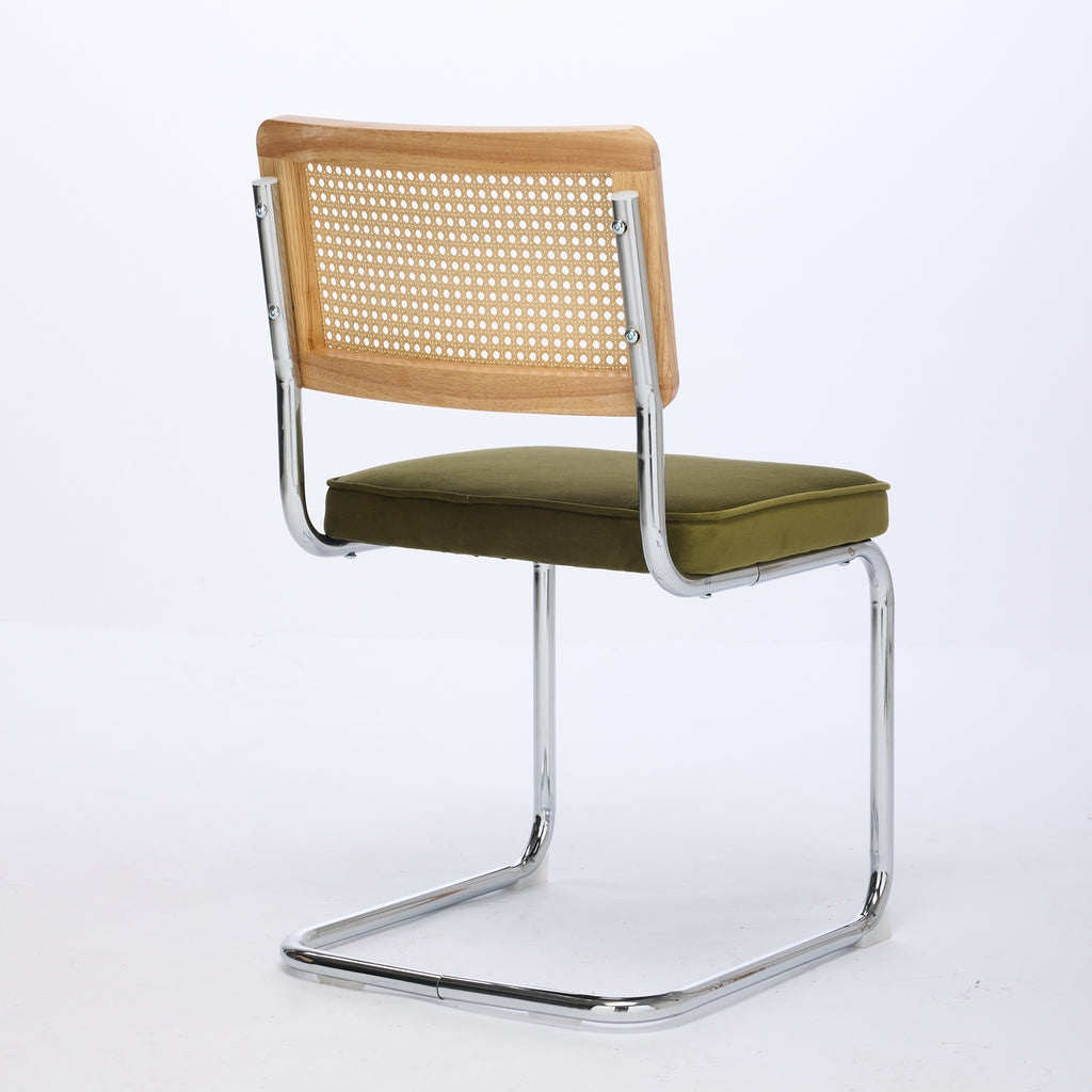 Mid Century Modern Dining Chairs Set of 2, Velvet Accent Chairs with Natural Cane Back & Stainless Chrome Base, Famous Breuer Designed Chairs, Upholstered Rattan Kitchen Chairs,Olive-Green - Grand Goldman Shop