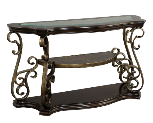 Sofa Table, Glass table top, MDF W/marble paper middle shelf, powder coat finish metal legs. (54'Lx20'Wx30'H) - Grand Goldman Shop