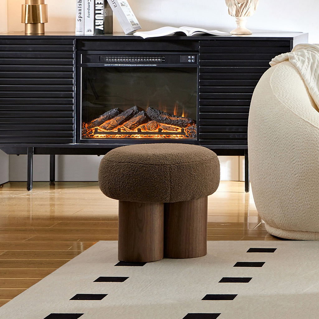 W8017-1 Mushroom Stool with Brown Lamb Wool Seat and Walnut Veneer Barrel PVC Pipe - Grand Goldman Shop