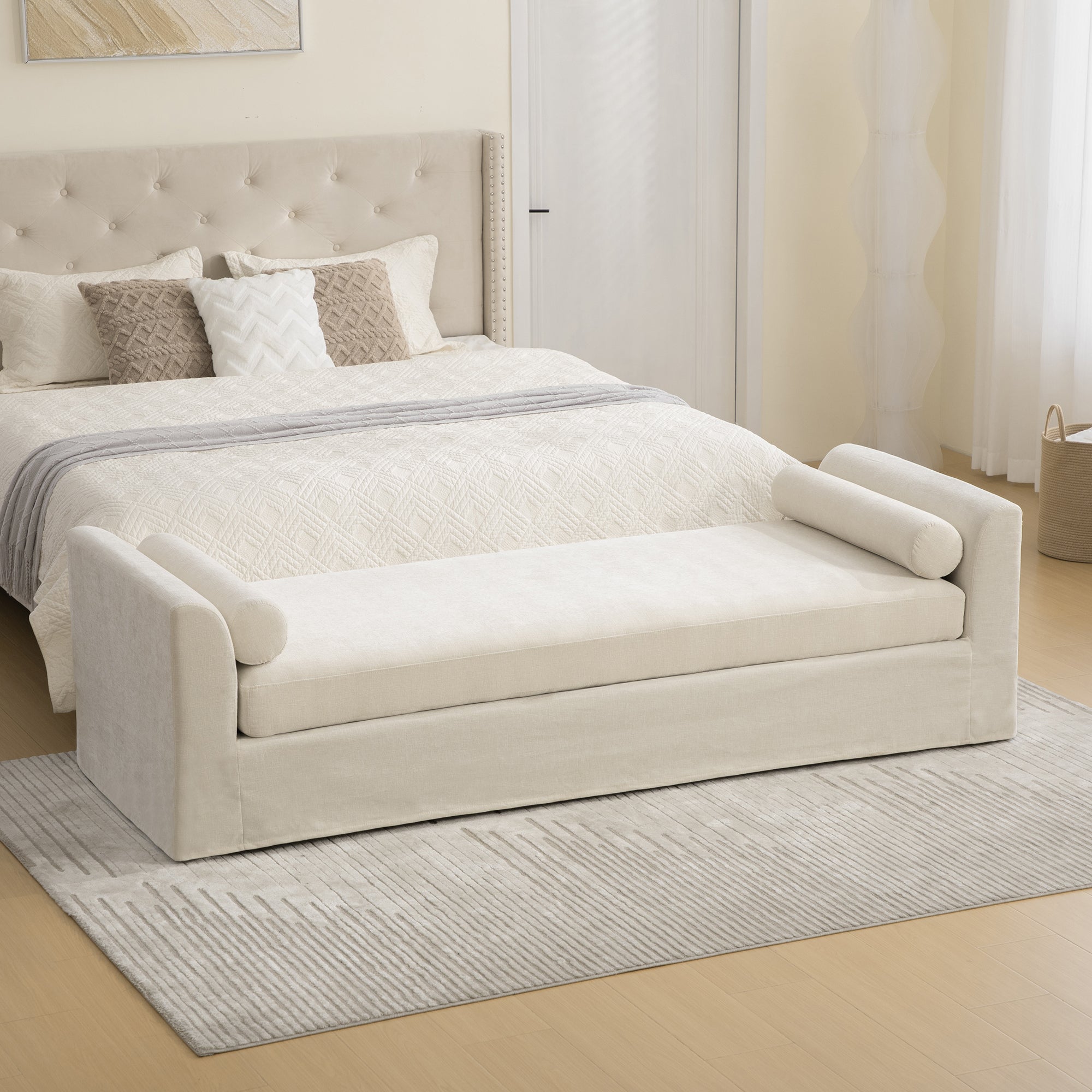 88.58' Wide Modern Bench, Bed End Bench with Armrests,Chenille Chaise Lounge Couch with 2 Bolster Pillows, Suitable For Living Rooms, Entryways, Dormitories, And Bedrooms.Beige - Grand Goldman Shop