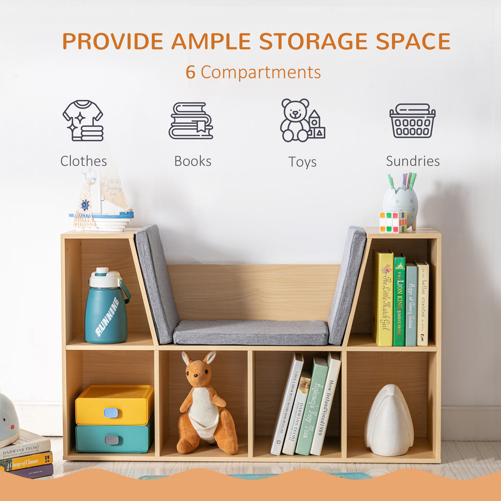 6-Cubby Kids Bookcase with Reading Nook and Cushion, Multi-Purpose Storage Organizer for Bedroom, Living Room, Natural - Gran