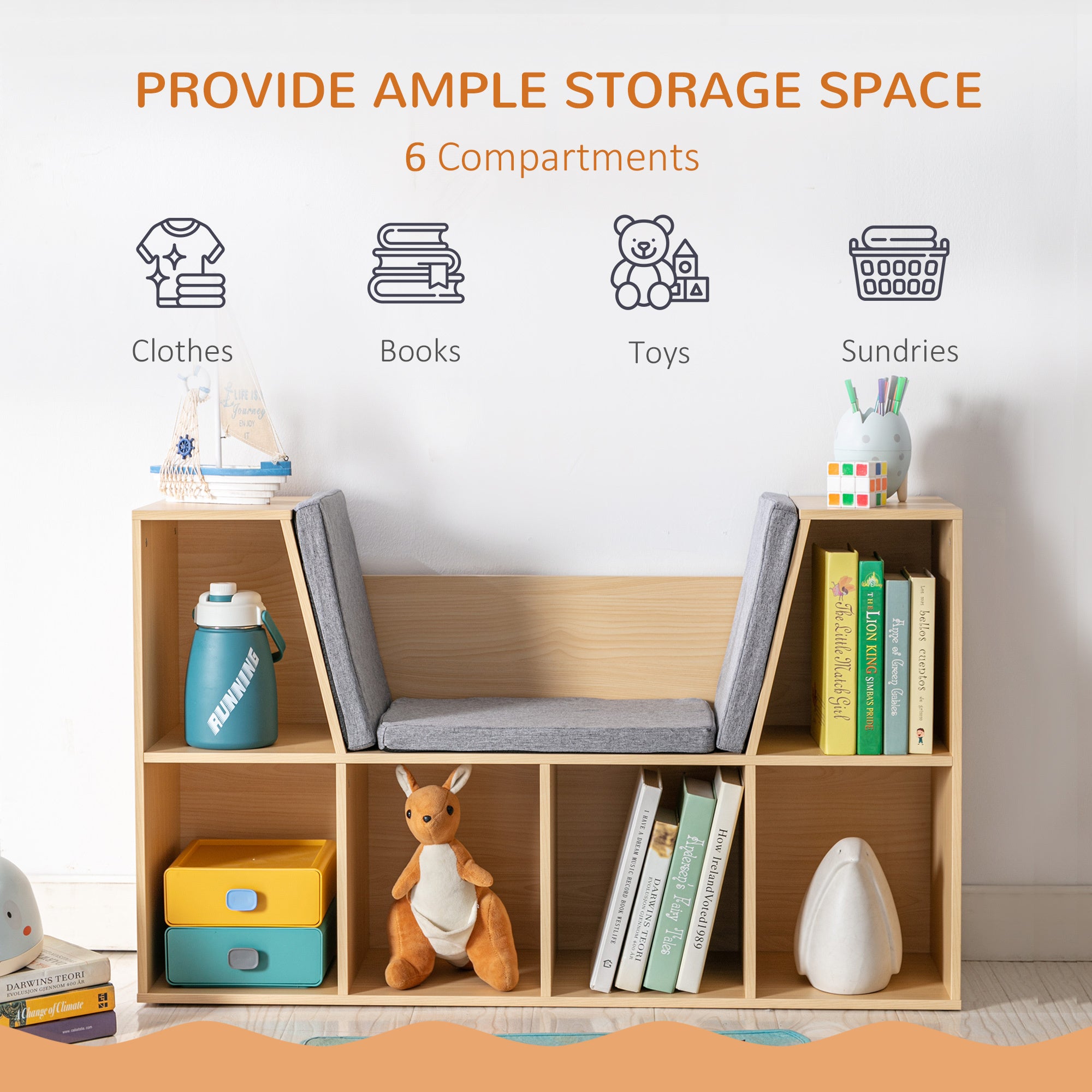 6-Cubby Kids Bookcase with Reading Nook and Cushion, Multi-Purpose Storage Organizer for Bedroom, Living Room, Natural - Gran