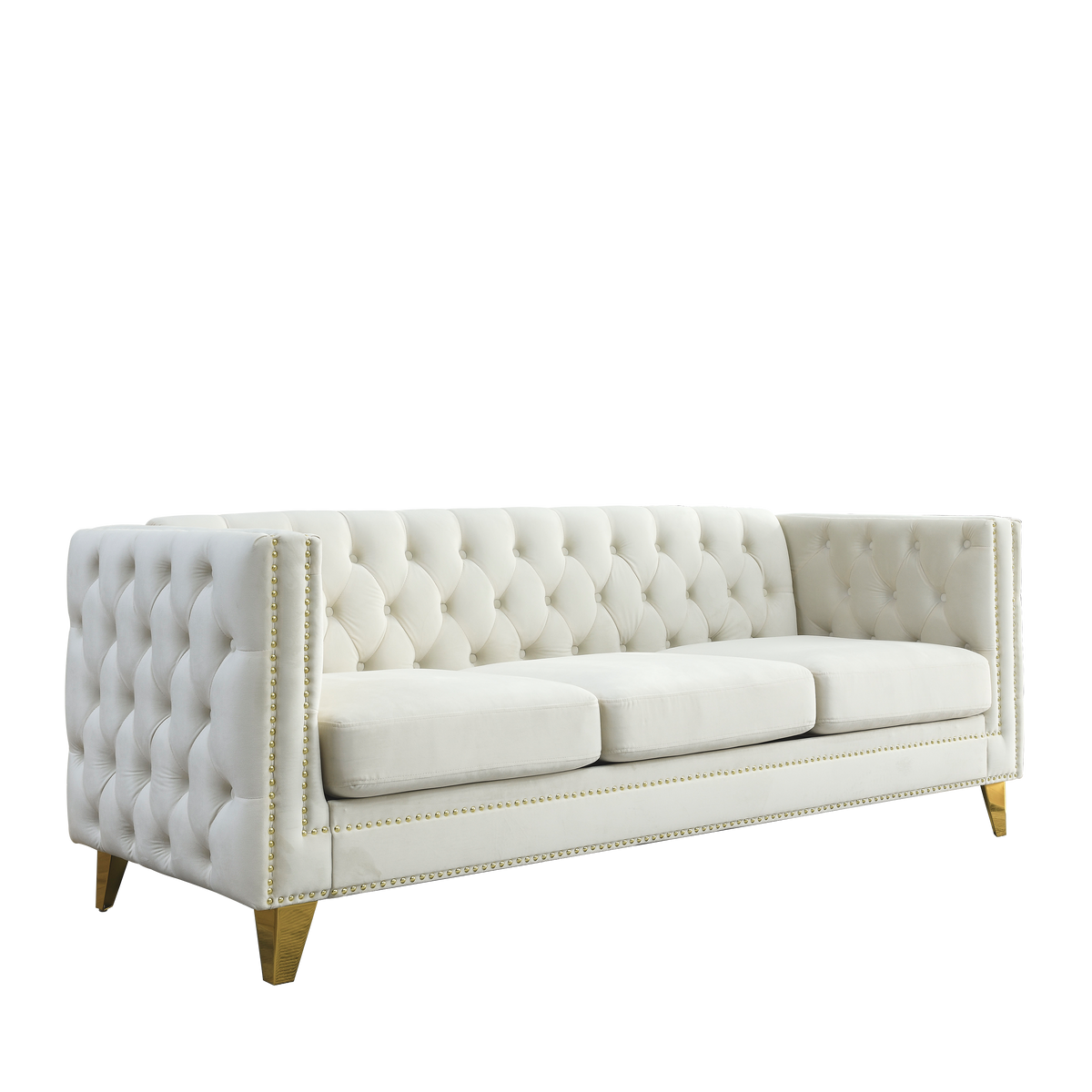 Modern Velvet Sofa with Button Tufting and Metal Legs, Beige Upholstered Couch for Living Room or Bedroom, 3-Seater, W834S00023 - Grand Goldman Shop
