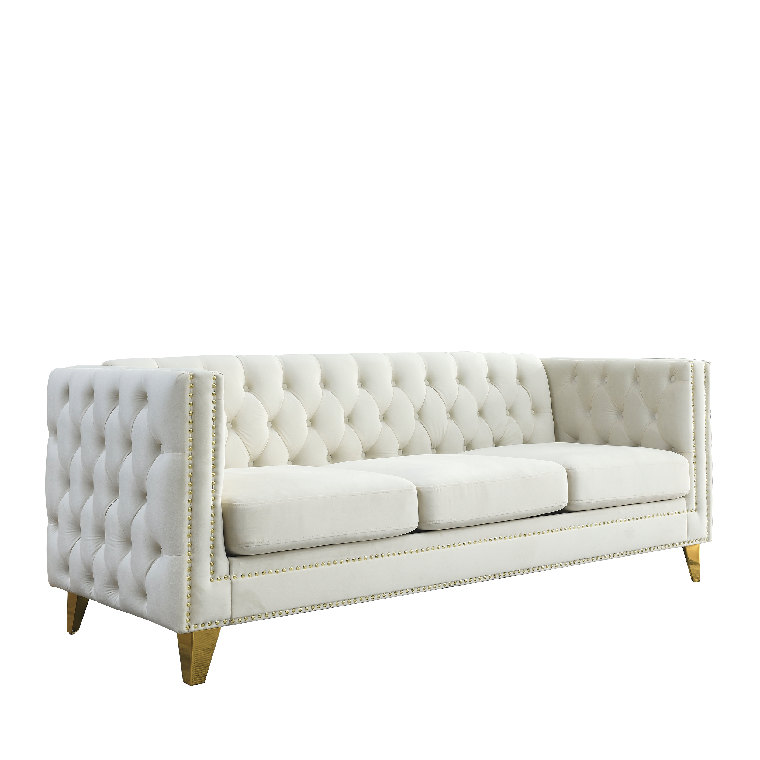 Modern Velvet Sofa with Button Tufting and Metal Legs, Beige Upholstered Couch for Living Room or Bedroom, 3-Seater, W834S00023 - Grand Goldman Shop