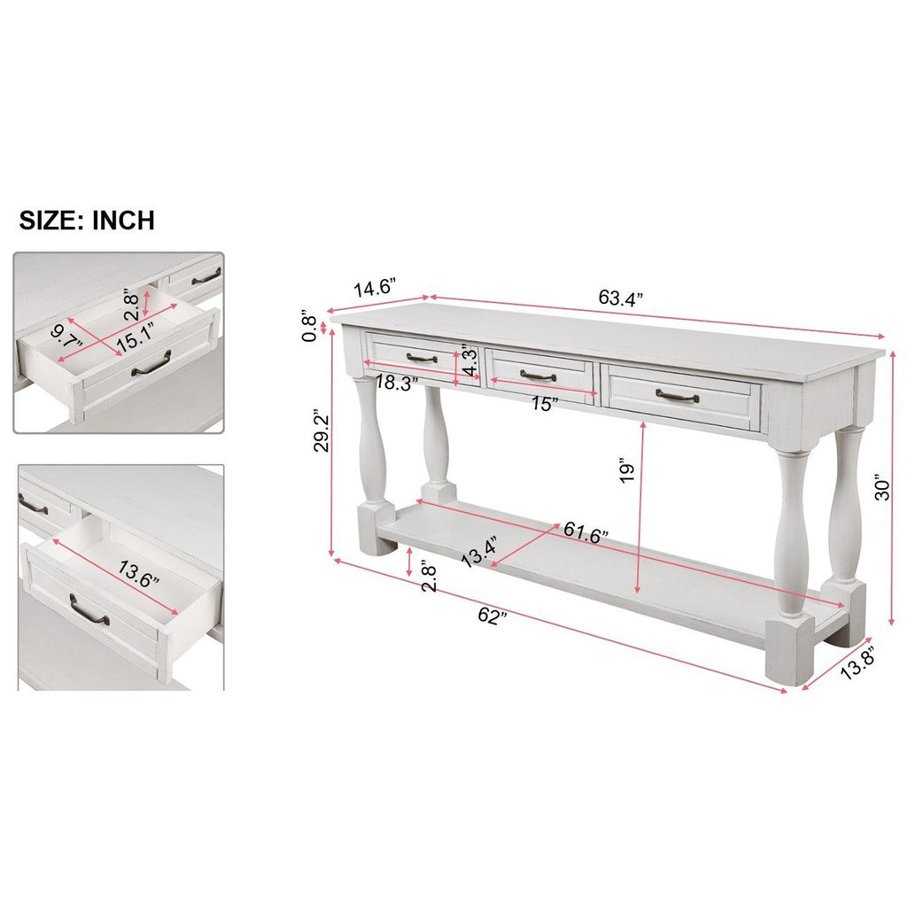 63inch Long Wood Console Table with 3 Drawers and 1 Bottom Shelf for Entryway Hallway Easy Assembly Extra-thick Sofa Table (Antique White) - Grand Goldman Shop