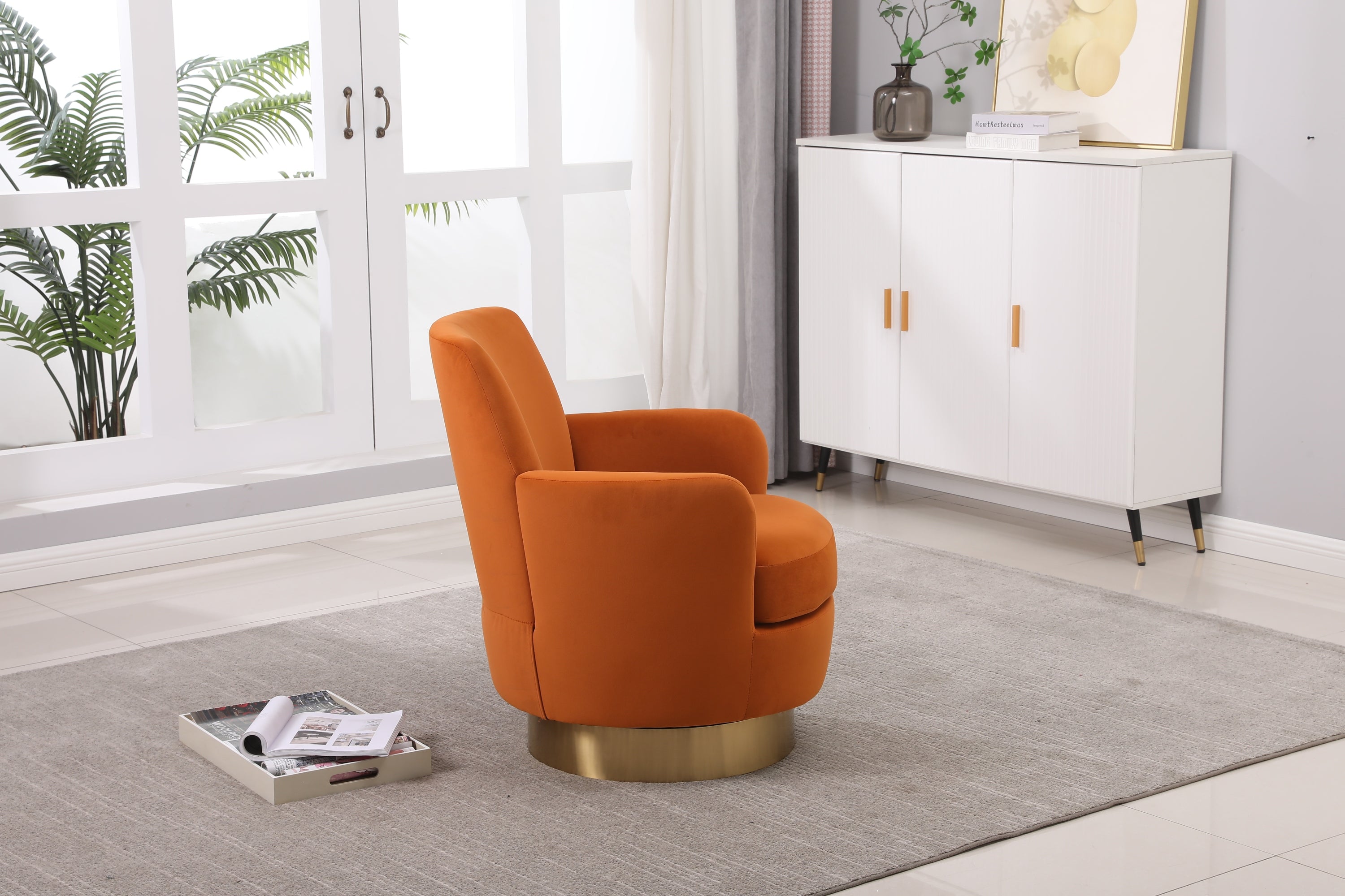 Velvet Swivel Barrel Chair, Swivel Accent Chairs Armchair for Living Room, Reading Chairs for Bedroom Comfy, Round Barrel Chairs with Gold Stainless Steel Base (Orange) - Grand Goldman Shop