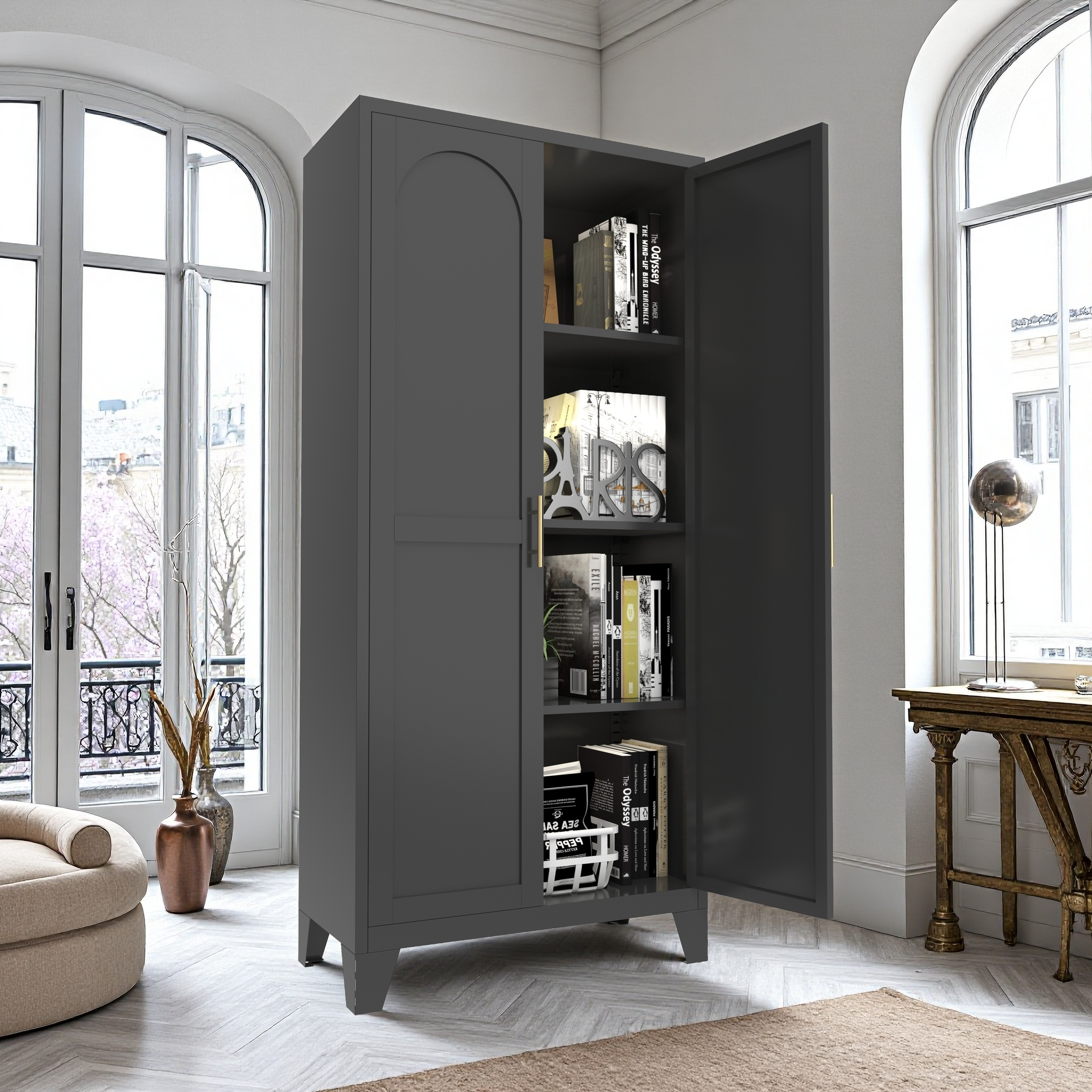 61'' 2 Shapely Doors Cabinet, Metal Storage Cabinet with Doors and Adjustable Shelves, for Bedroom, Living Room(Black) - Grand Goldman Shop