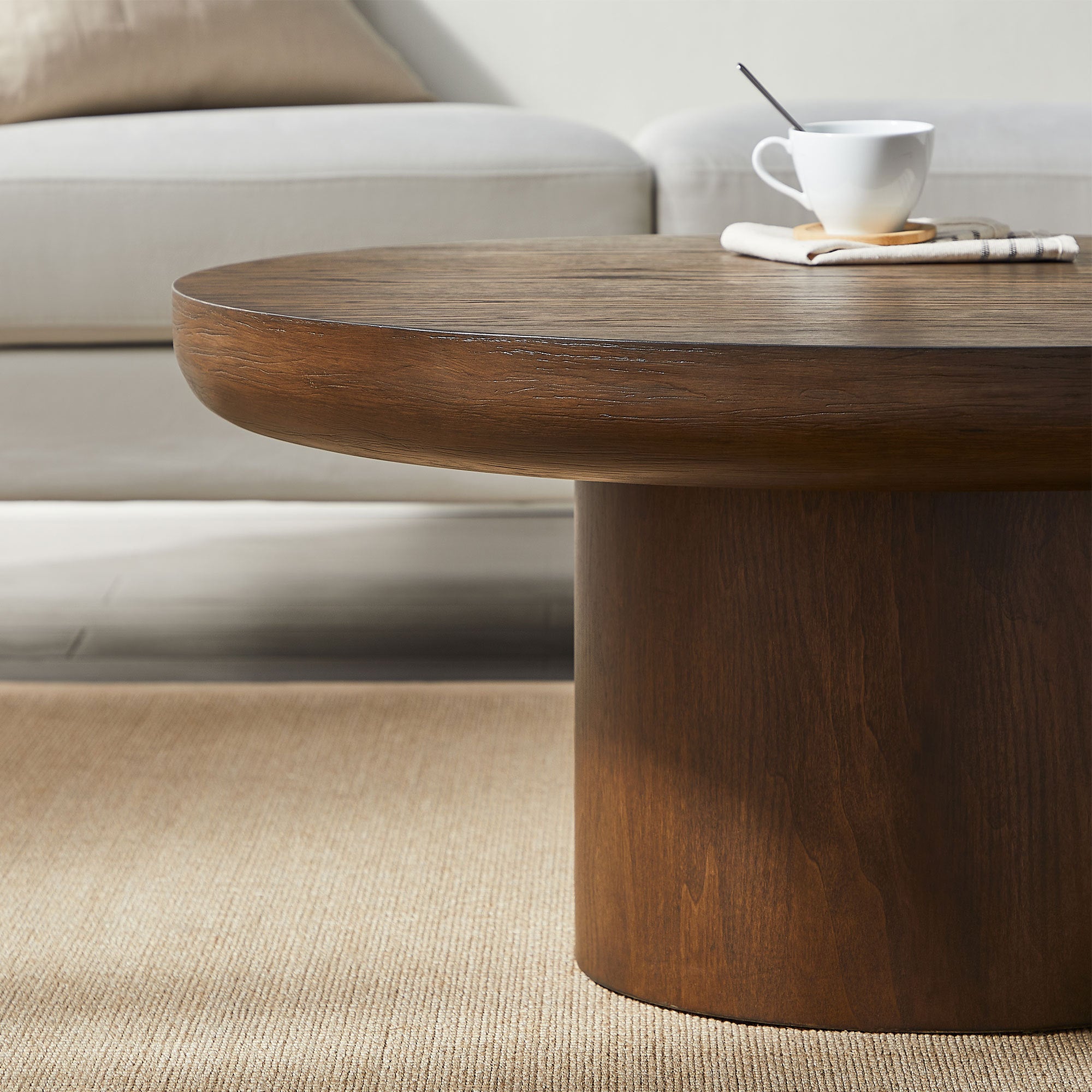 35.98inch Round Coffee Table with Cylindrical Leg,Wood Veneer Tabletop Table,Rounded Sofa Side Table for living Room Office,Brown - Grand Goldman Shop