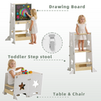 3-in-1 Toddler Kitchen Step Stool, Foldable Learning Standing Tower with Blackboard, Wooden Kitchen Stool Helper for Kids, 1-