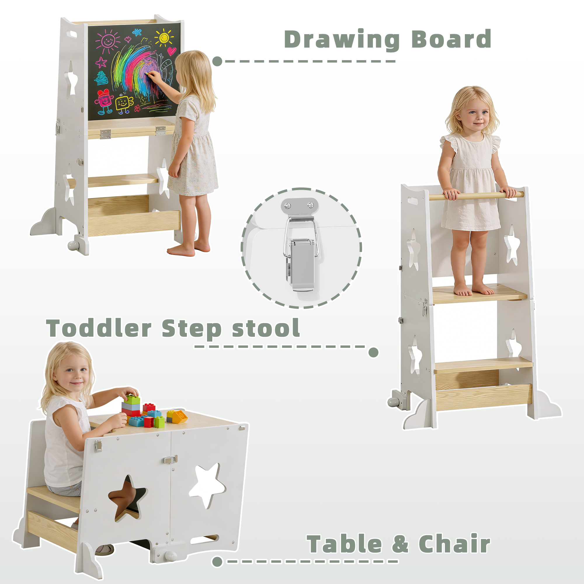 3-in-1 Toddler Kitchen Step Stool, Foldable Learning Standing Tower with Blackboard, Wooden Kitchen Stool Helper for Kids, 1-