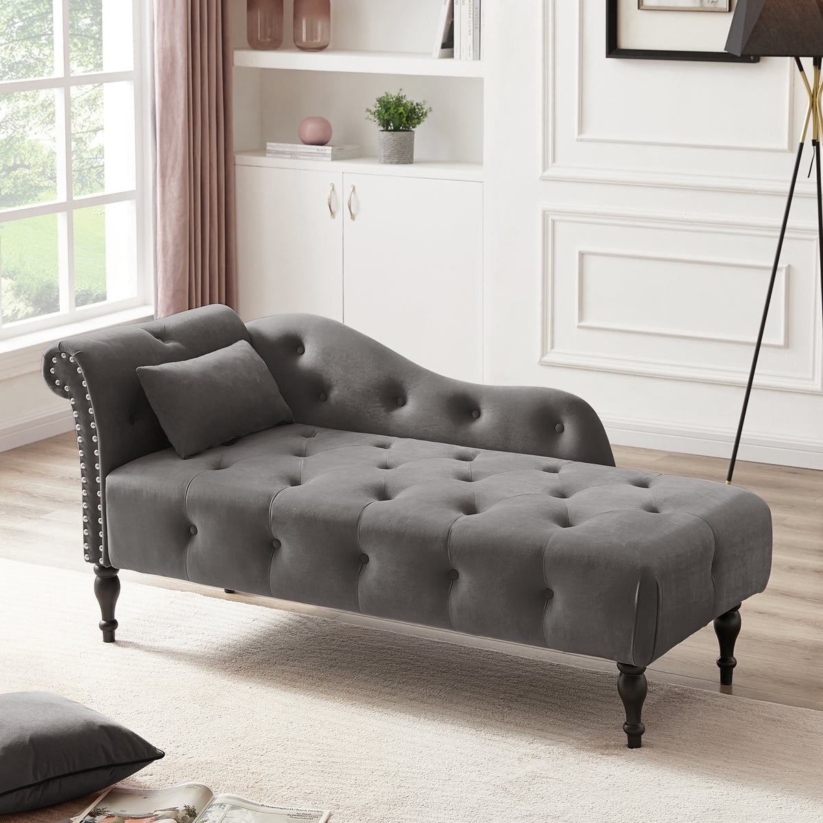 Aijia 60.6' Velvet Chaise Lounge Buttons Tufted Nailhead Trimmed Solid Wood Legs with 1 Pillow,Grey  (Left Arm Design as Shown in the Picture) - Grand Goldman Shop