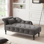 Aijia 60.6' Velvet Chaise Lounge Buttons Tufted Nailhead Trimmed Solid Wood Legs with 1 Pillow,Grey  (Left Arm Design as Shown in the Picture) - Grand Goldman Shop